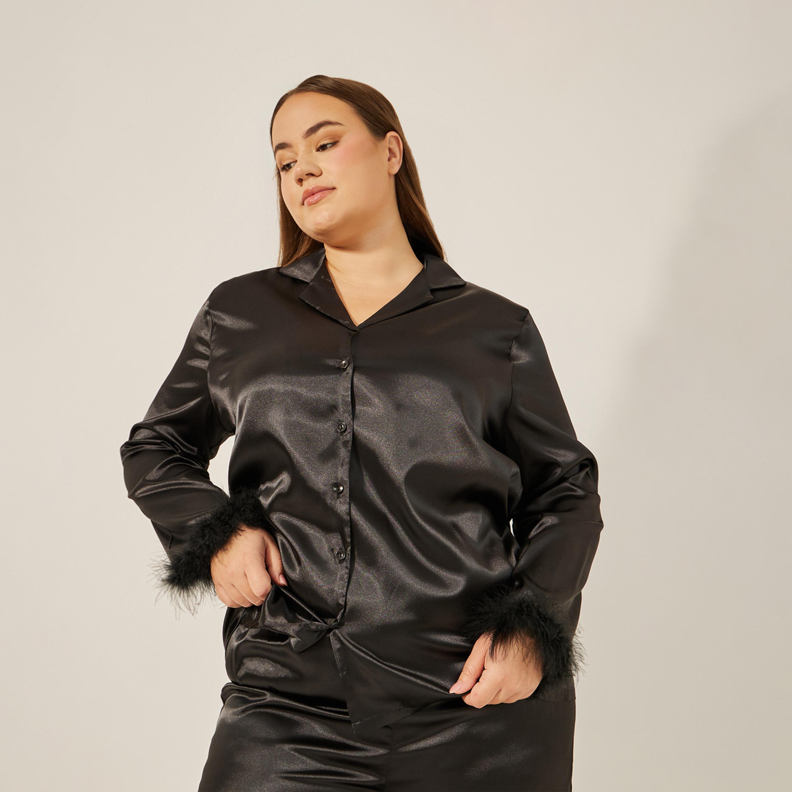 Styli Unwind Feather Trim Button Thru Shirt And Pj Set-women-clothing-nightwear-pyjamas-longsets-image-2