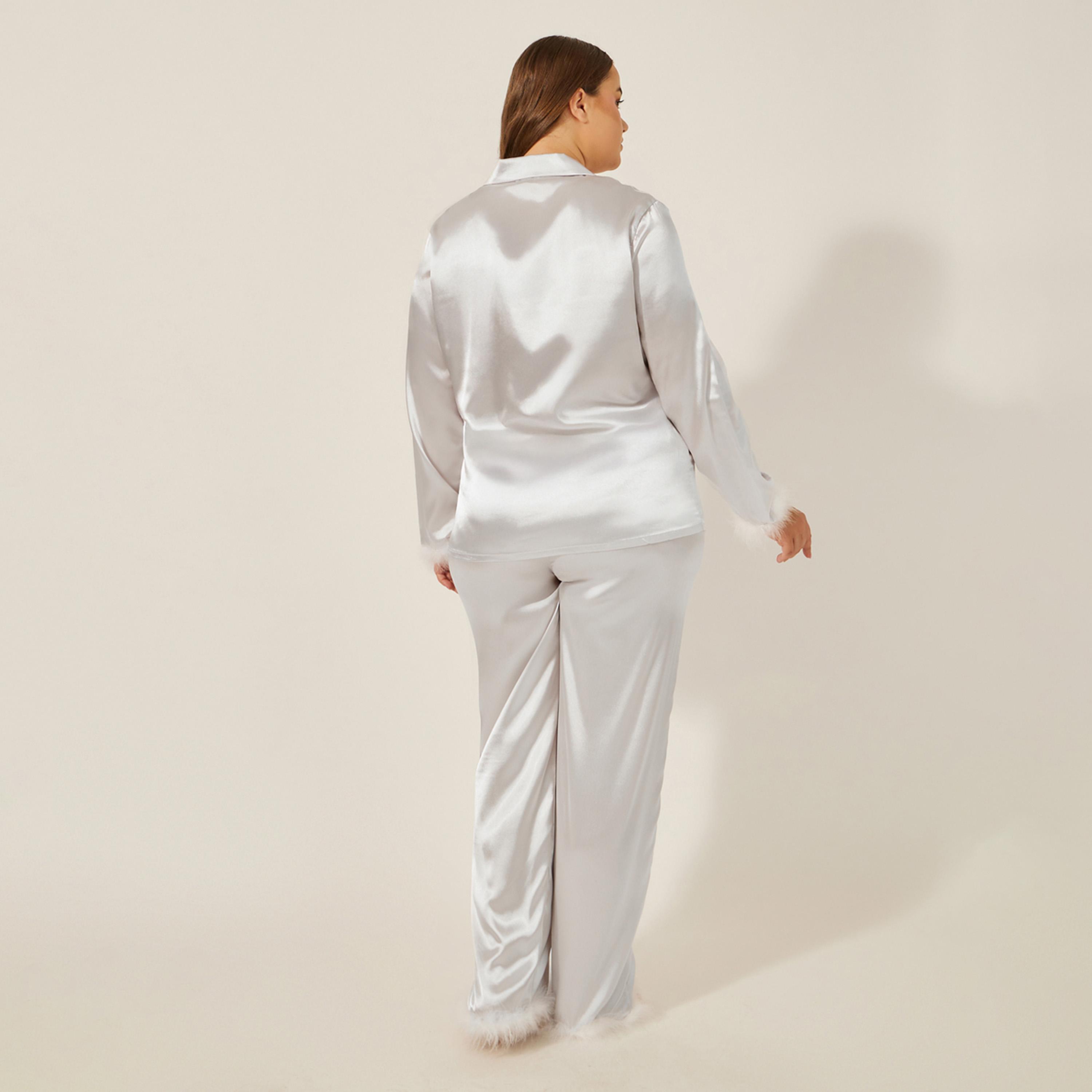 Styli Unwind Feather Trim Button Thru Shirt And Pj Set-women-clothing-nightwear-pyjamas-longsets-image-5