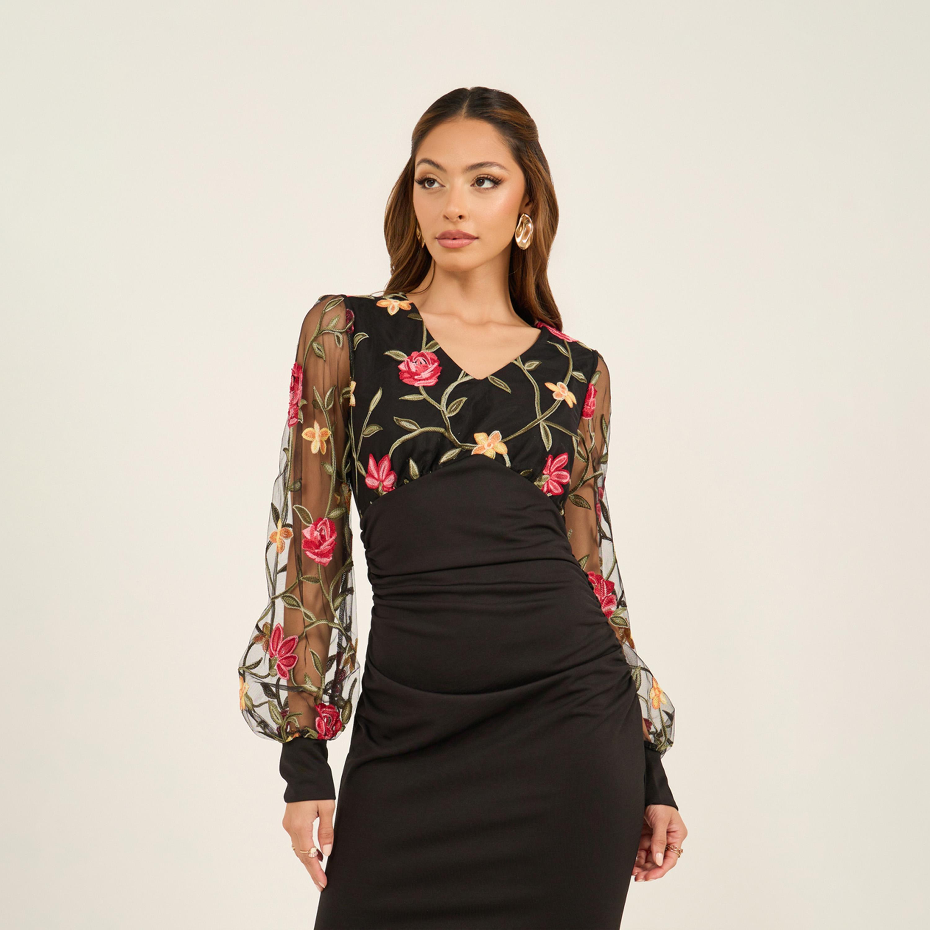Styli Embroidered Balloon Sleeves Mermaid Hem Maxi Dress-women-clothing-dresses-image-4