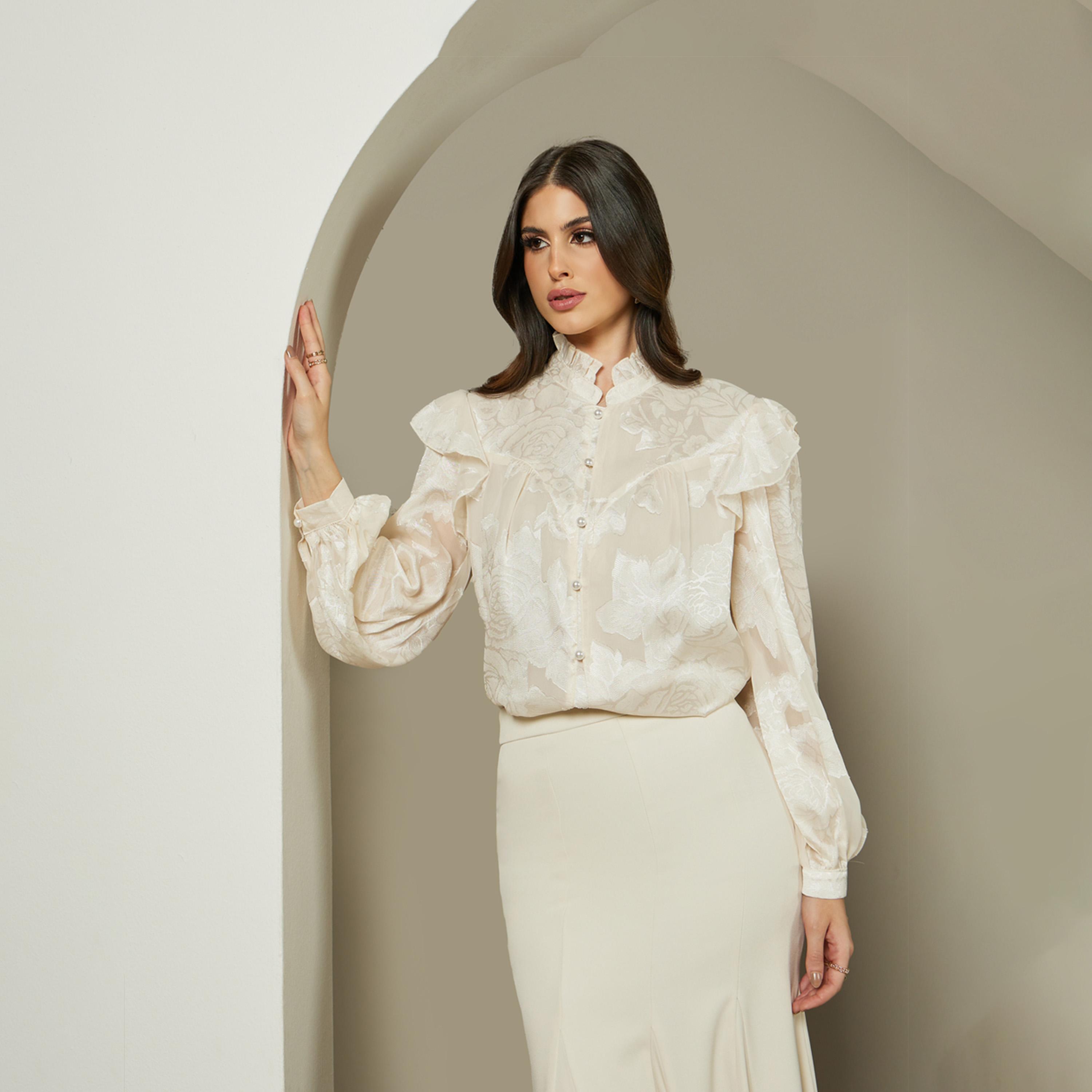 Styli Jacquard Balloon Sleeve Blouse With Ruffle Detail-women-clothing-shirtsandblouses-blouses-image-1