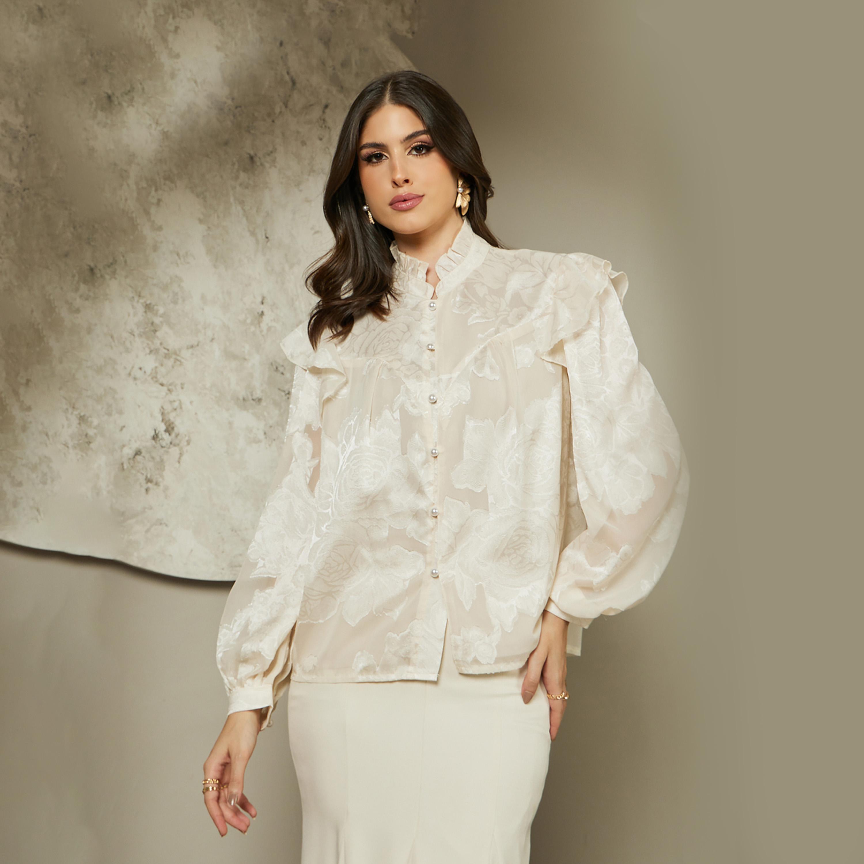 Styli Jacquard Balloon Sleeve Blouse With Ruffle Detail-women-clothing-shirtsandblouses-blouses-image-2