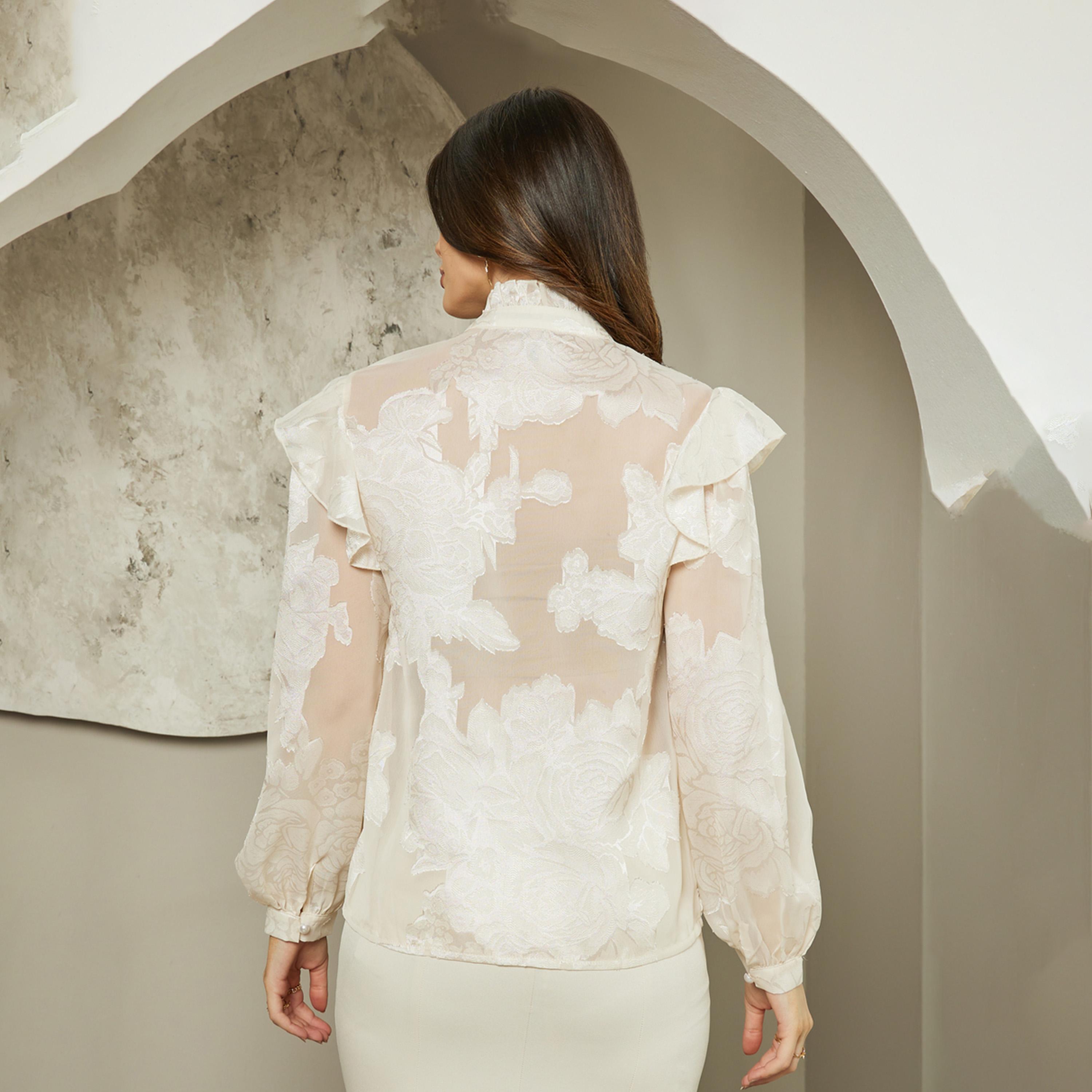 Styli Jacquard Balloon Sleeve Blouse With Ruffle Detail-women-clothing-shirtsandblouses-blouses-image-5