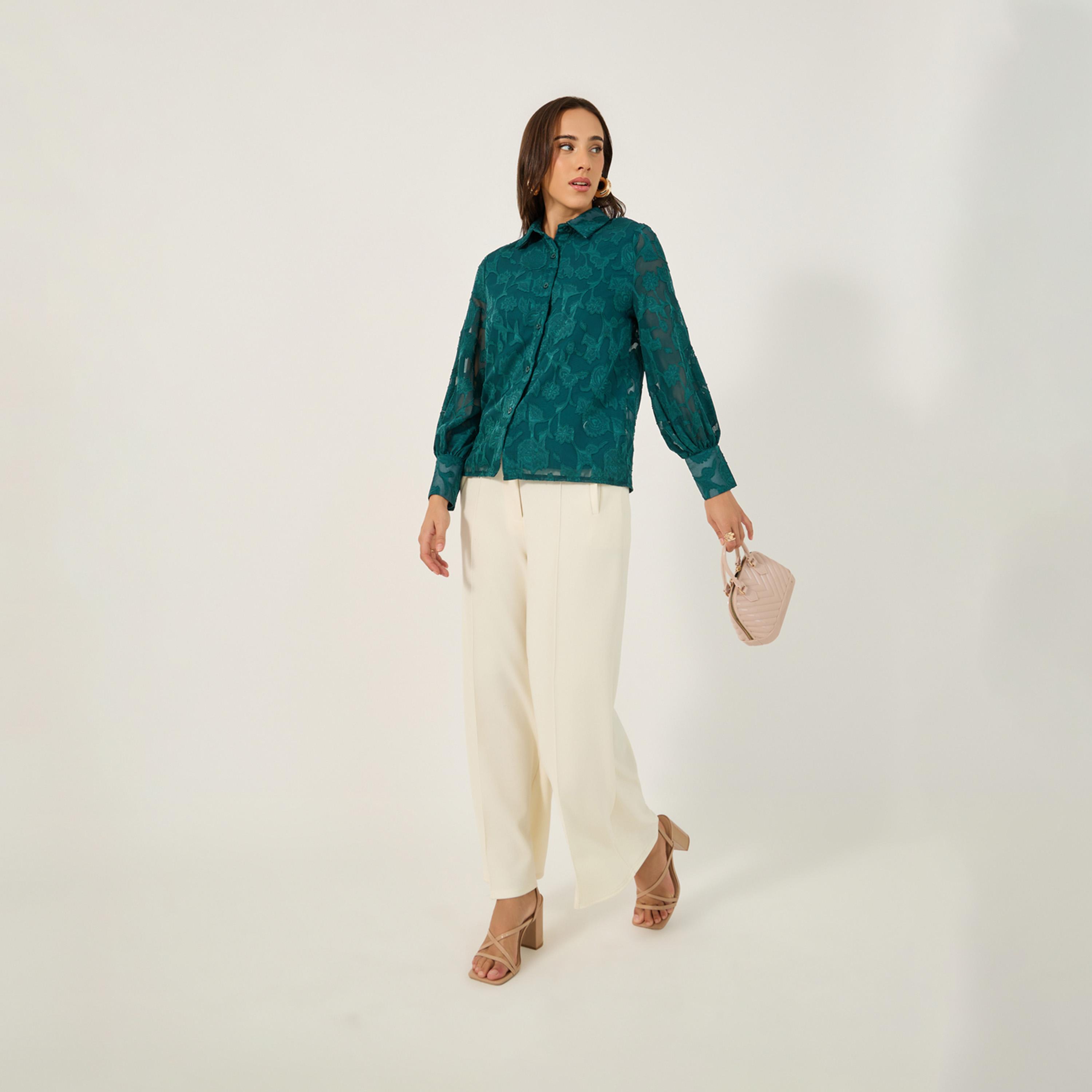 Styli Textured Balloon Sleeve Spread Collar Lace Shirt-women-clothing-shirtsandblouses-shirts-image-2