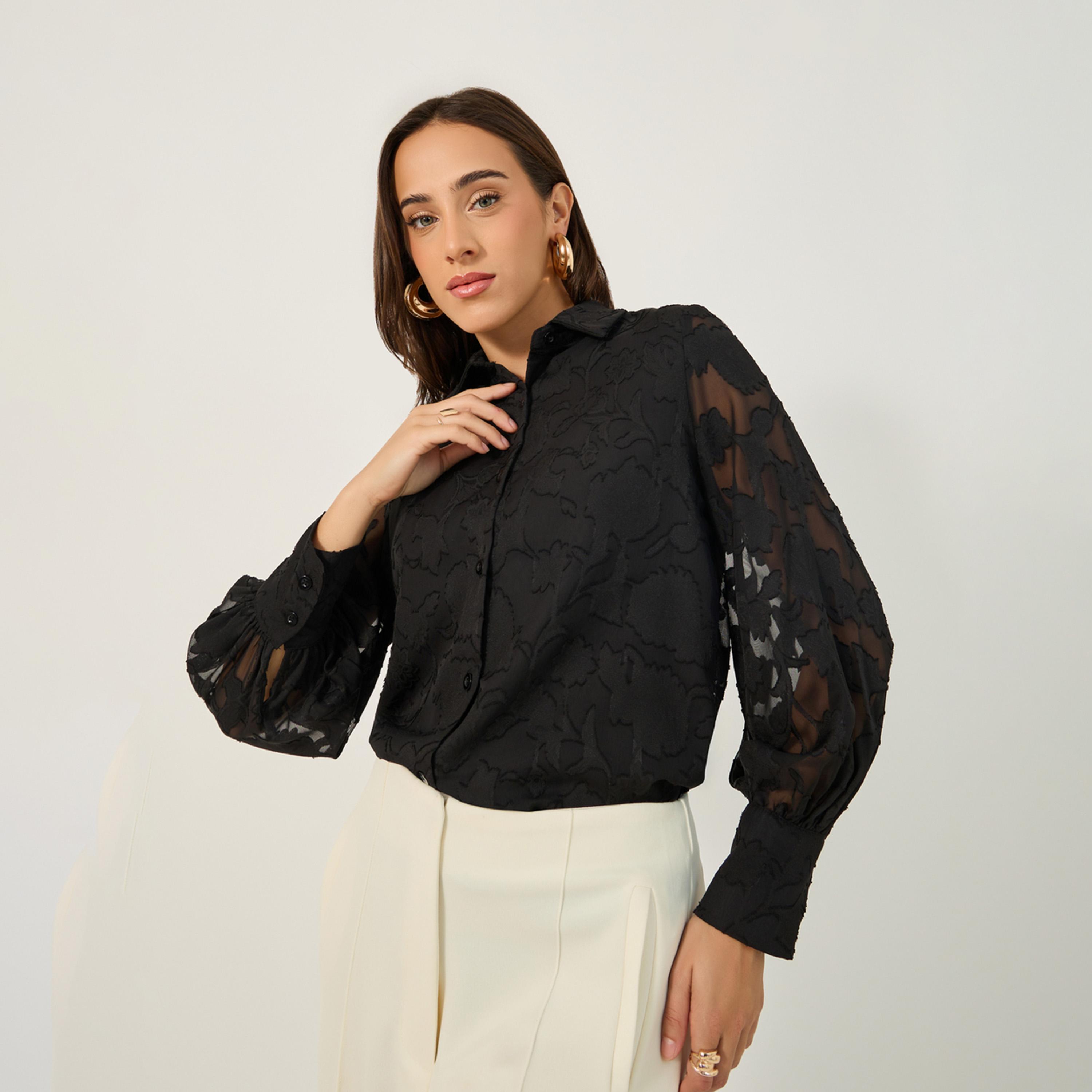 Styli Textured Balloon Sleeve Spread Collar Lace Shirt-women-clothing-shirtsandblouses-shirts-image-1