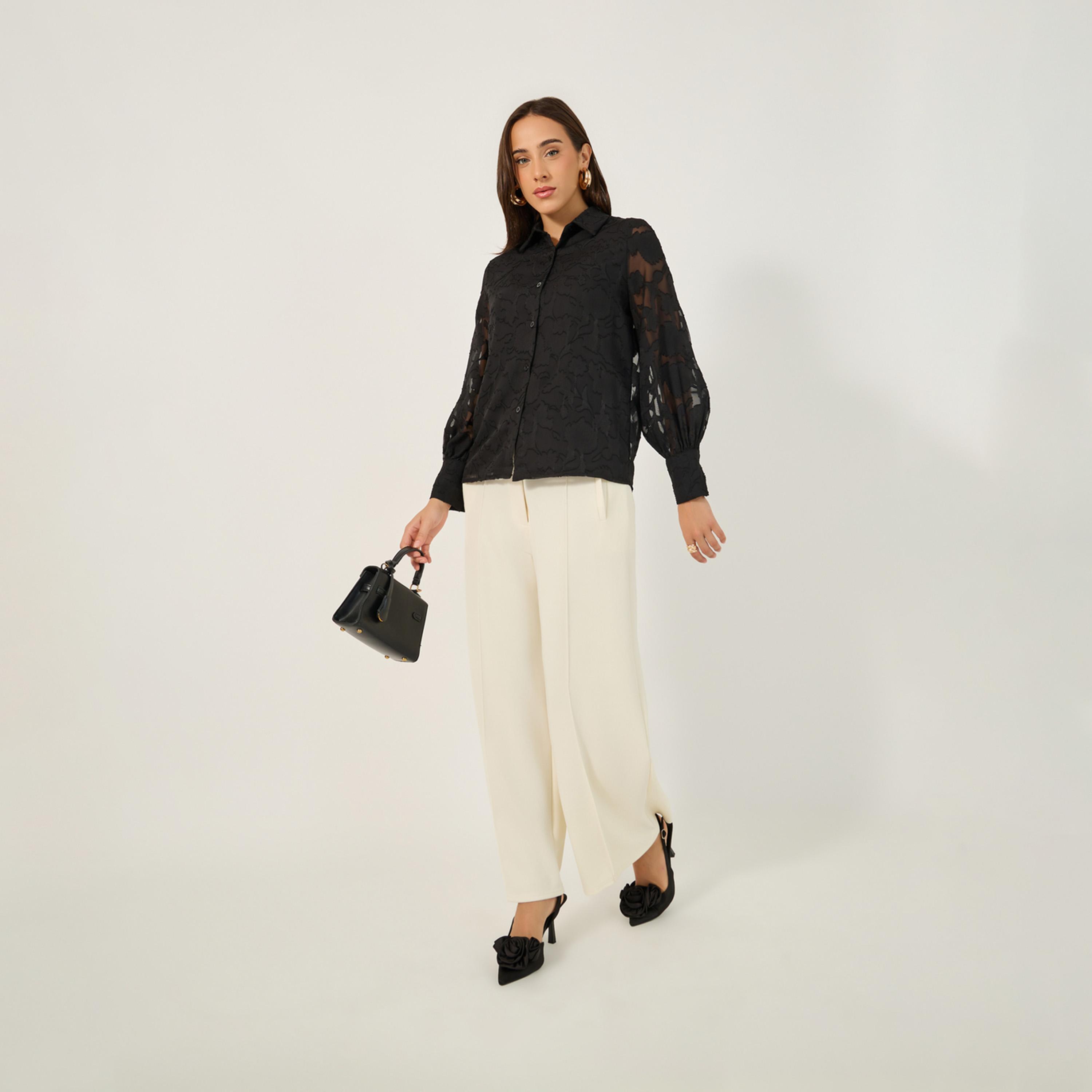 Styli Textured Balloon Sleeve Spread Collar Lace Shirt-women-clothing-shirtsandblouses-shirts-image-2