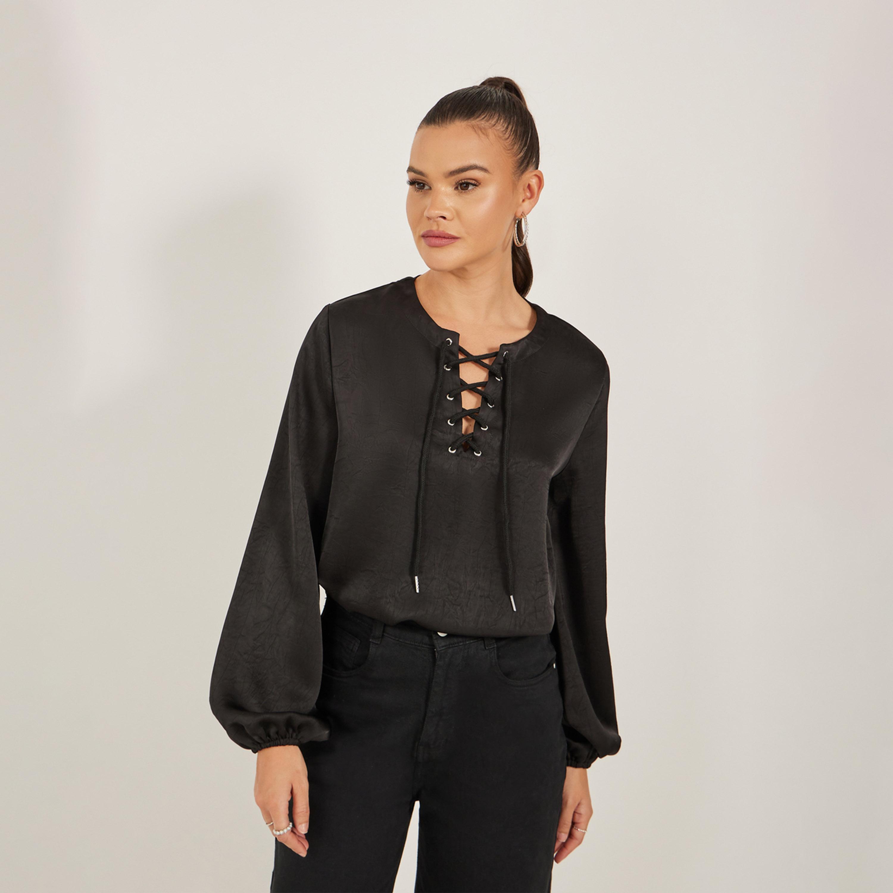 Styli Solid Lace Up Neckline Blouse with Balloon Sleeves-women-clothing-shirtsandblouses-blouses-image-1