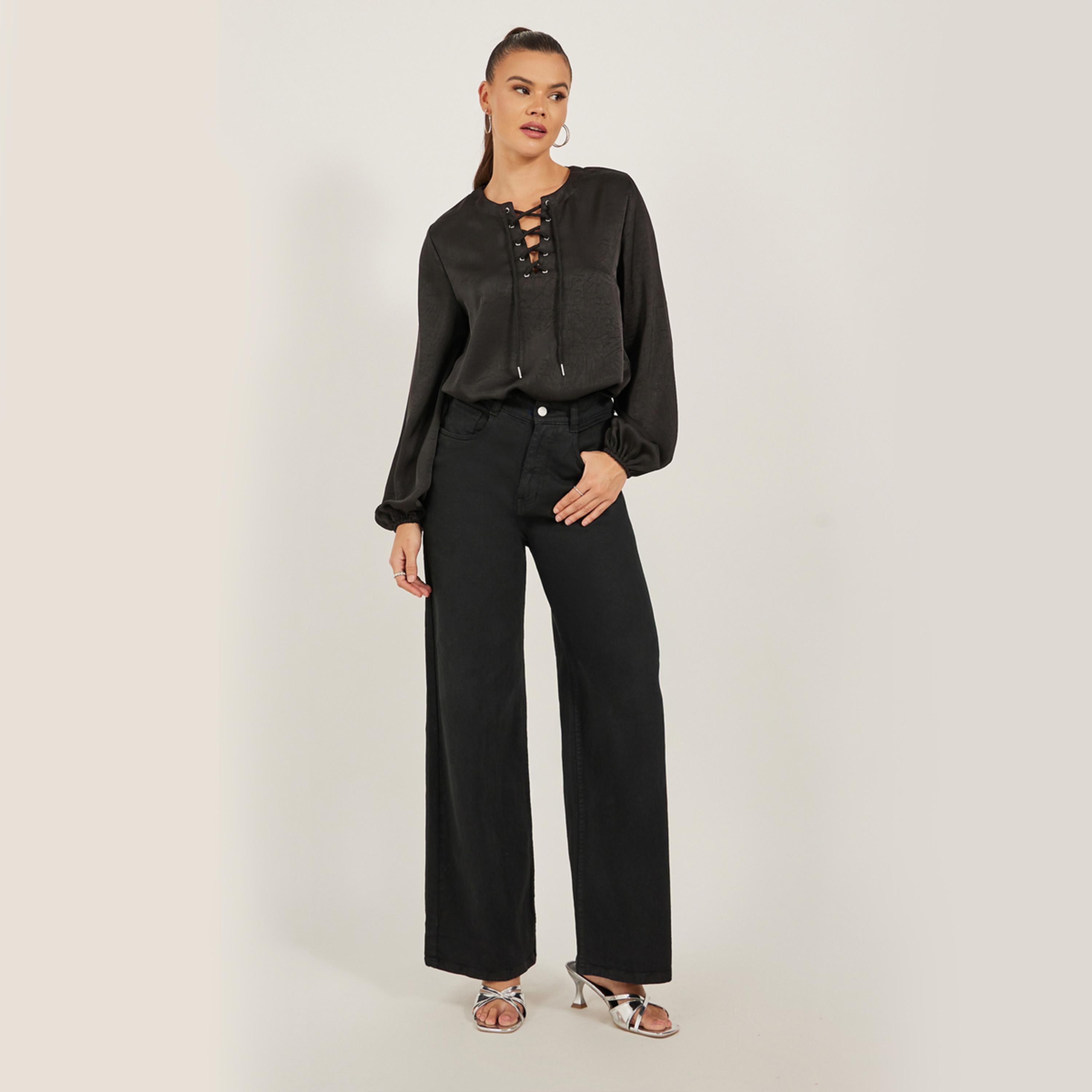 Styli Solid Lace Up Neckline Blouse with Balloon Sleeves-women-clothing-shirtsandblouses-blouses-image-2