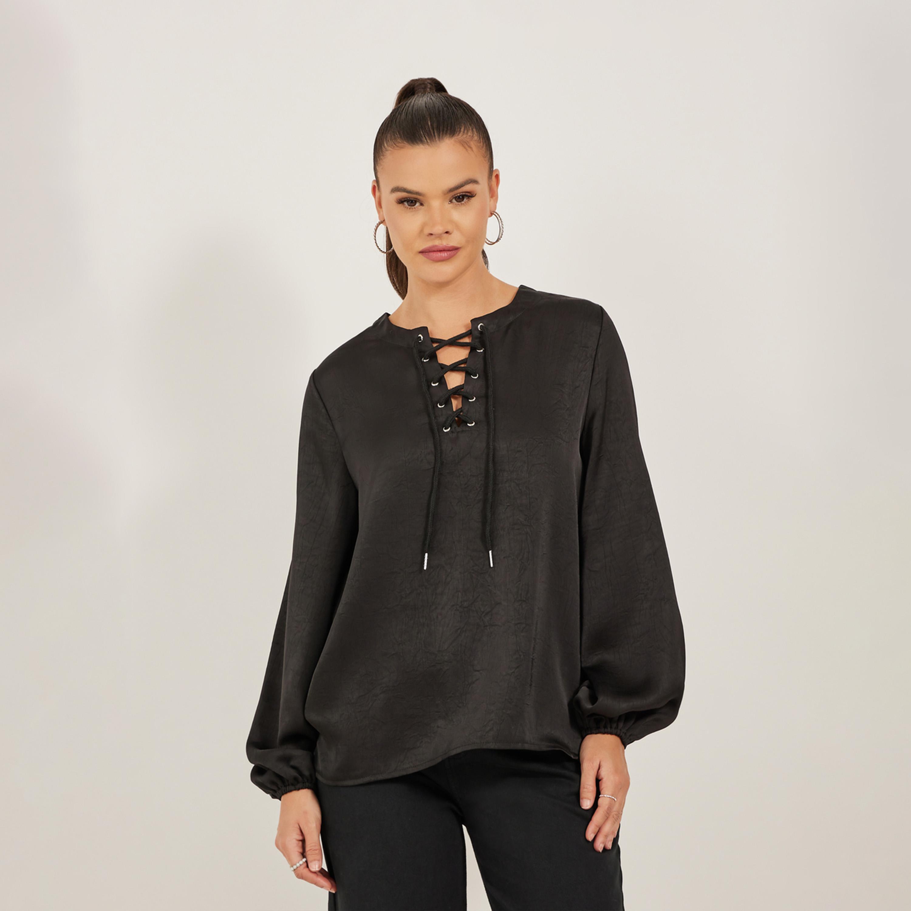 Styli Solid Lace Up Neckline Blouse with Balloon Sleeves-women-clothing-shirtsandblouses-blouses-image-3