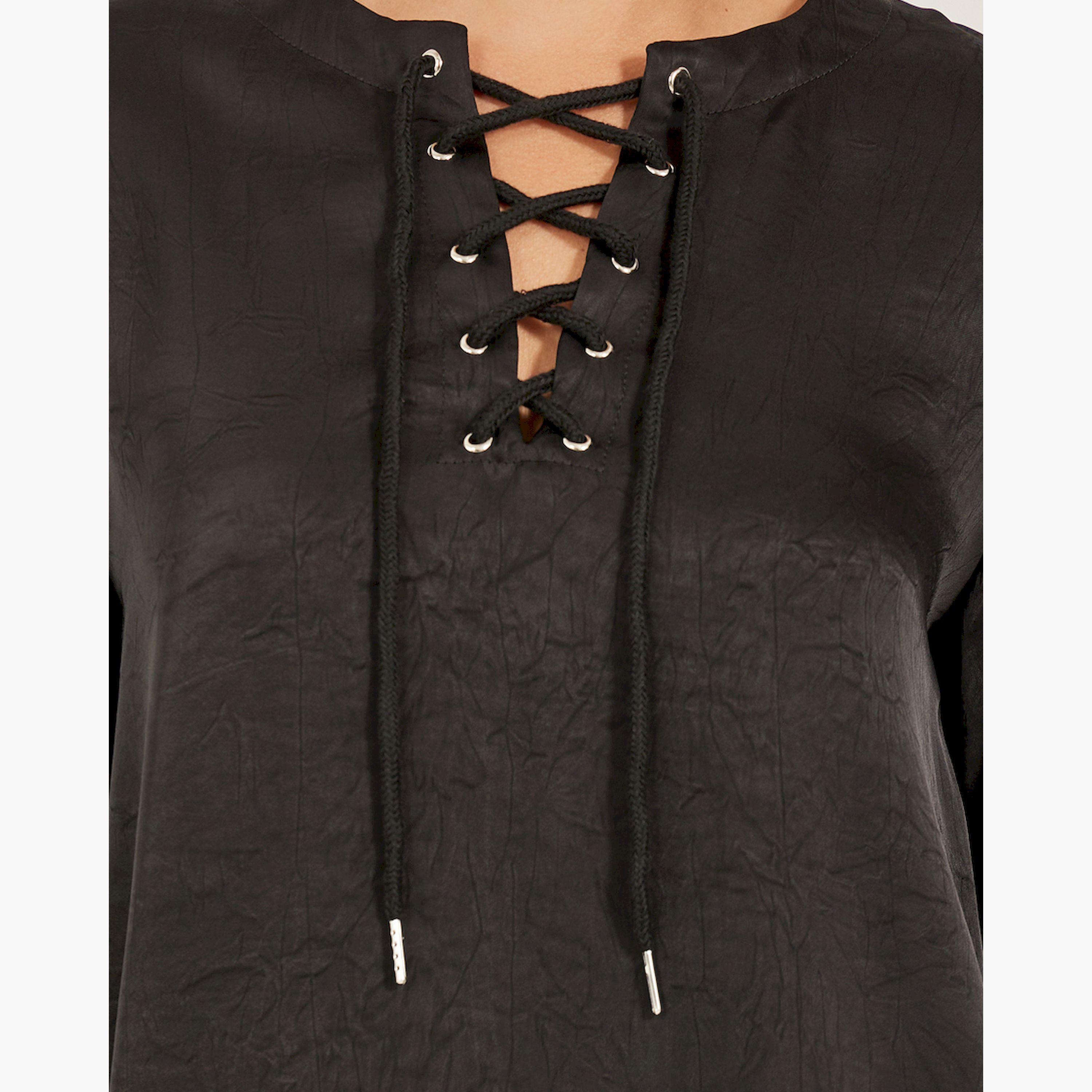 ستايلي - بلوزة سادة بفتحة رباط وأكمام منفوخة-women-clothing-shirtsandblouses-blouses-image-4