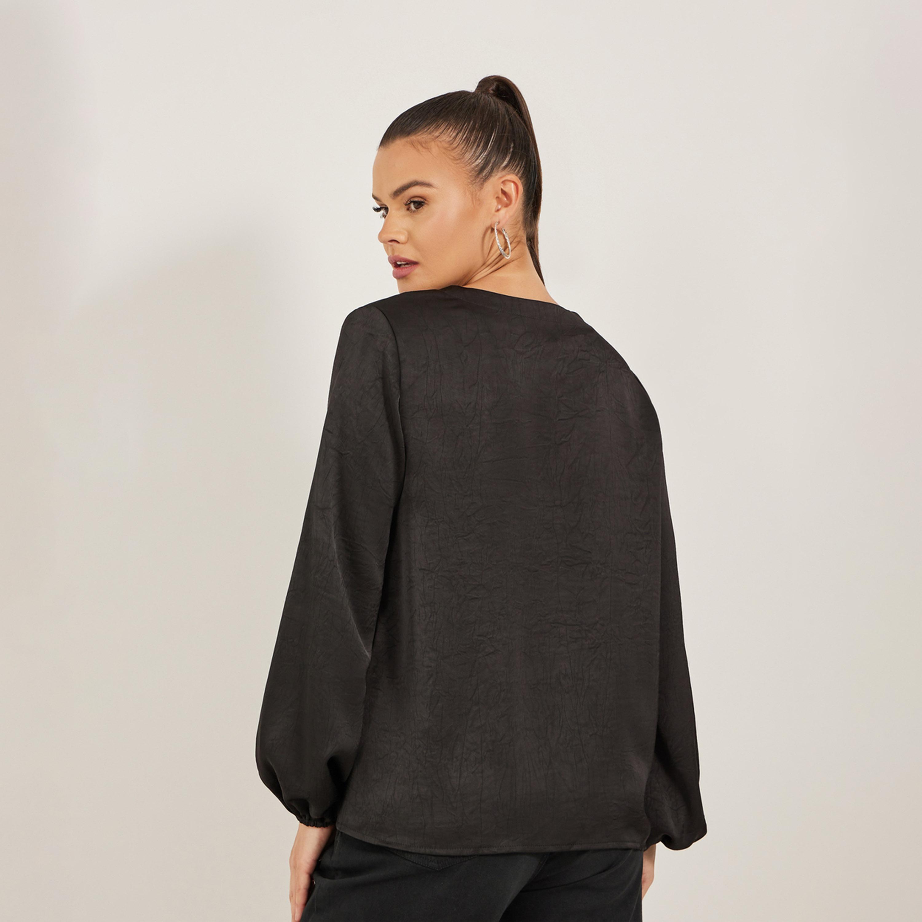 Styli Solid Lace Up Neckline Blouse with Balloon Sleeves-women-clothing-shirtsandblouses-blouses-image-5