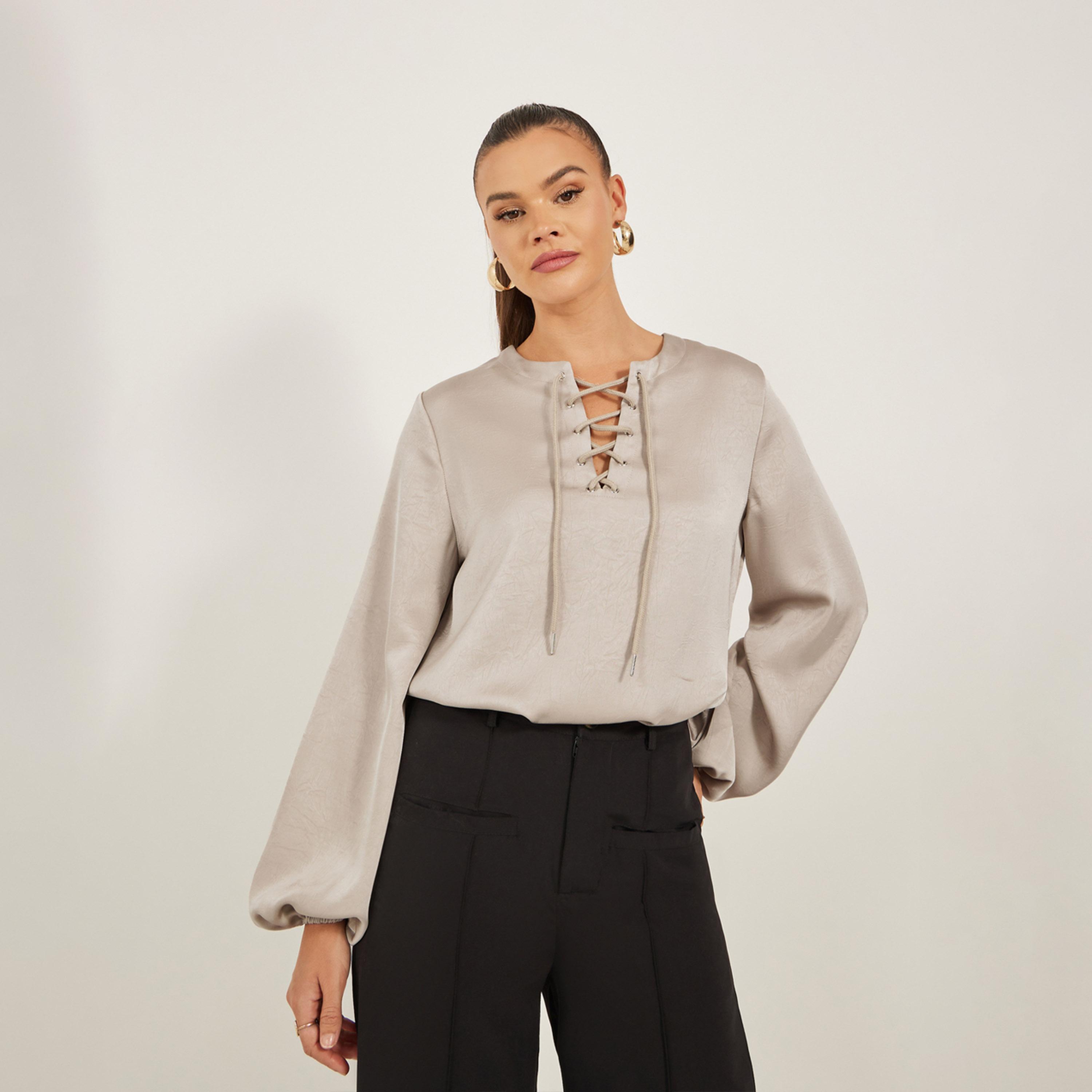 Styli Solid Lace Up Neckline Blouse with Balloon Sleeves-women-clothing-shirtsandblouses-blouses-image-1