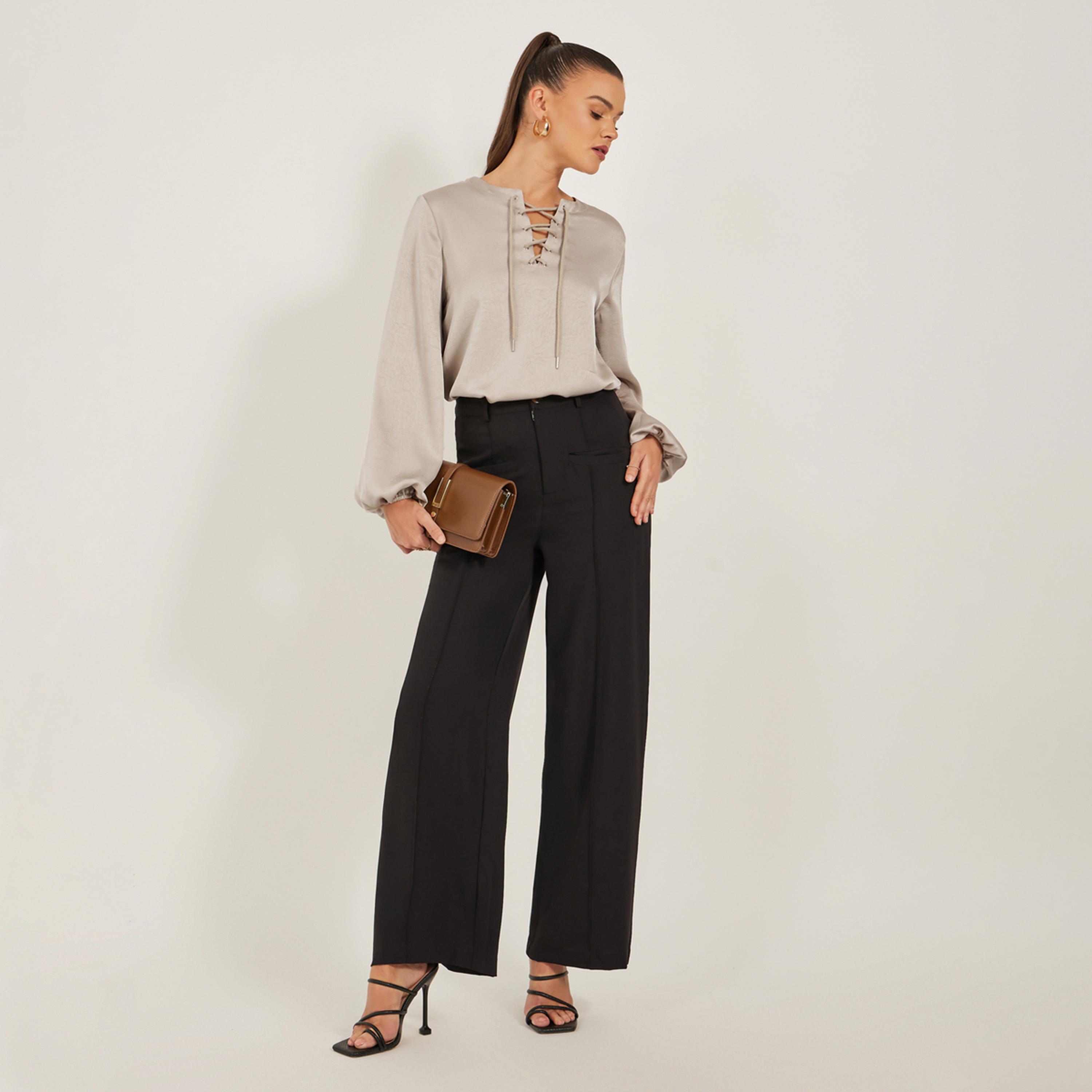 ستايلي - بلوزة سادة بفتحة رباط وأكمام منفوخة-women-clothing-shirtsandblouses-blouses-image-2