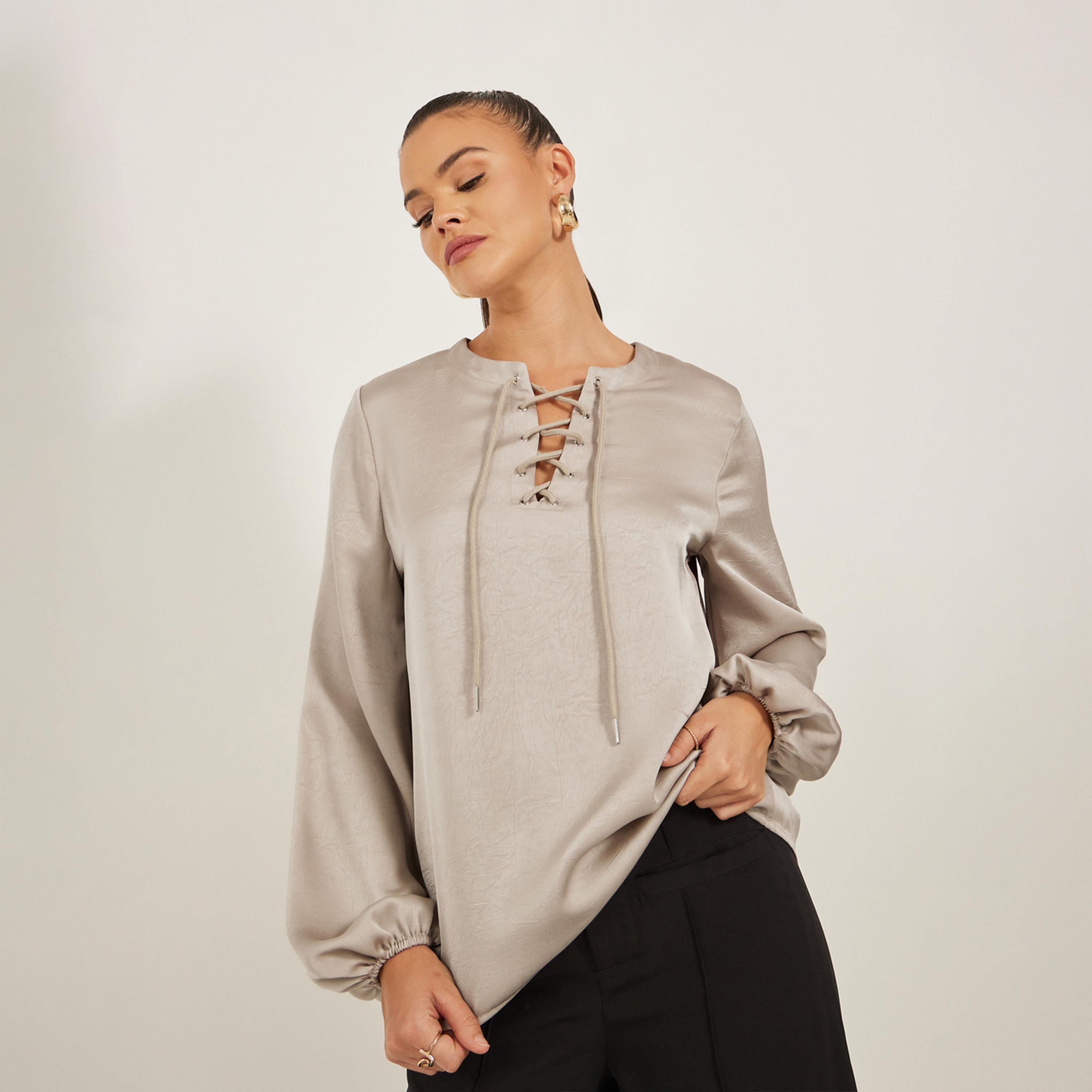 Styli Solid Lace Up Neckline Blouse with Balloon Sleeves-women-clothing-shirtsandblouses-blouses-image-3
