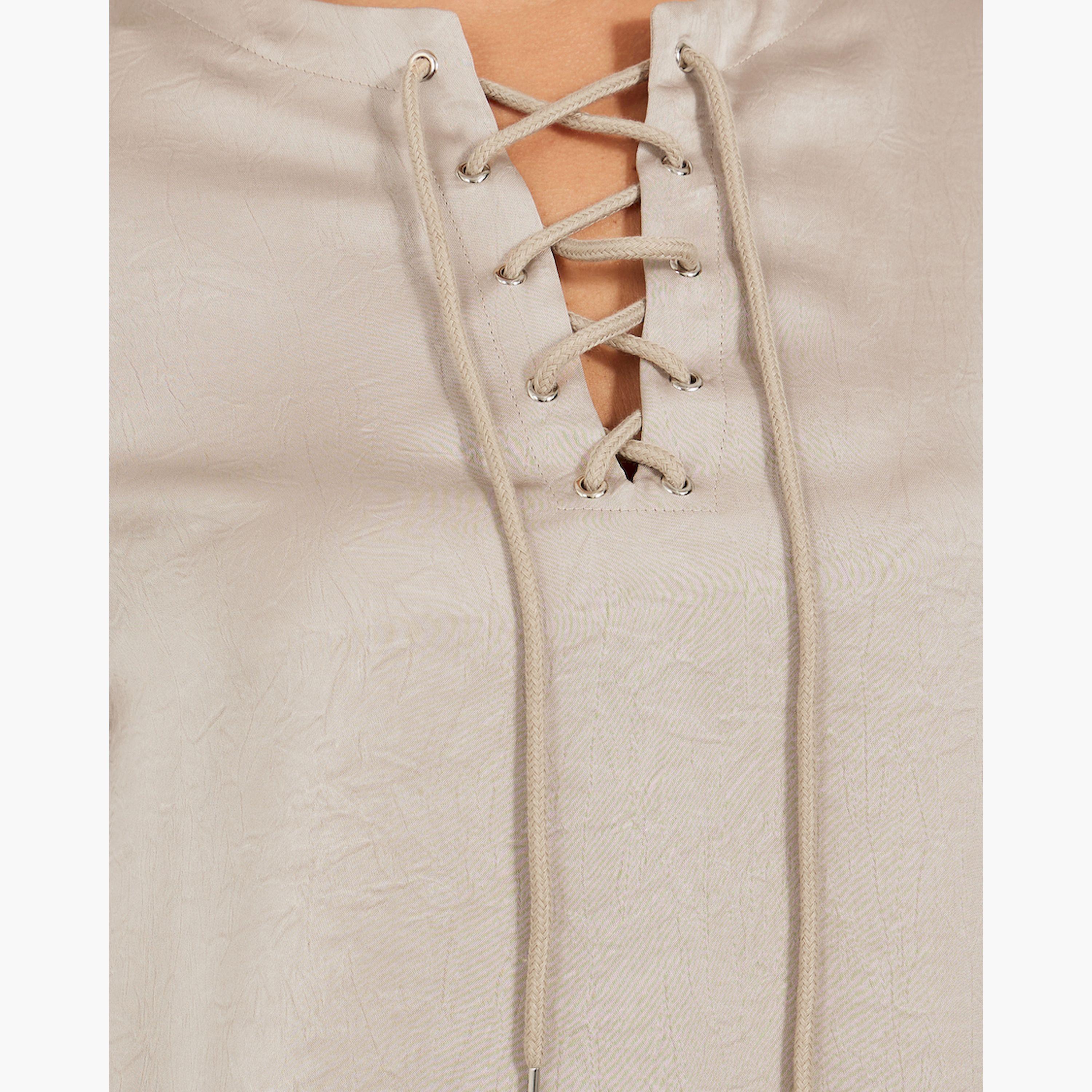 Styli Solid Lace Up Neckline Blouse with Balloon Sleeves-women-clothing-shirtsandblouses-blouses-image-4