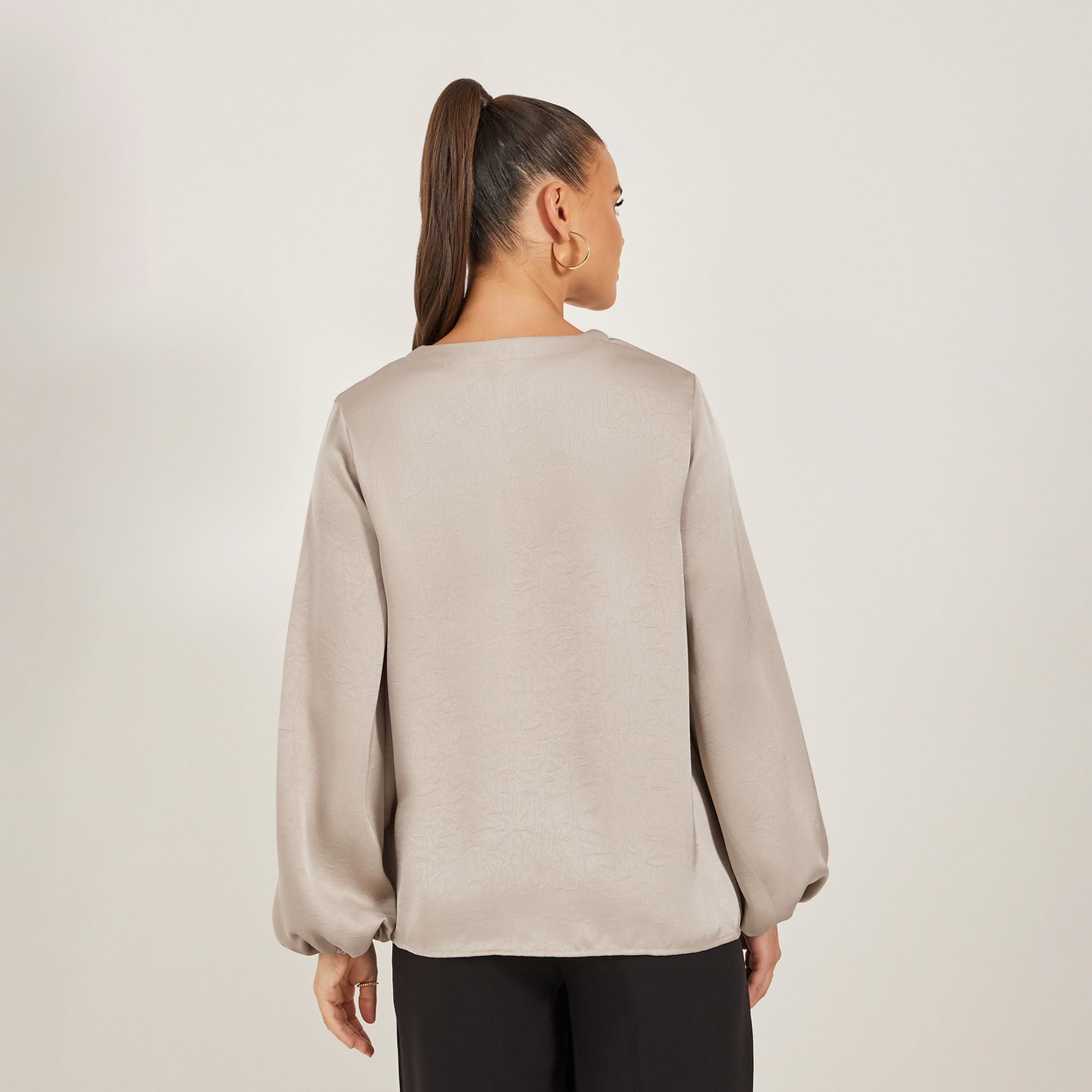 Styli Solid Lace Up Neckline Blouse with Balloon Sleeves-women-clothing-shirtsandblouses-blouses-image-5