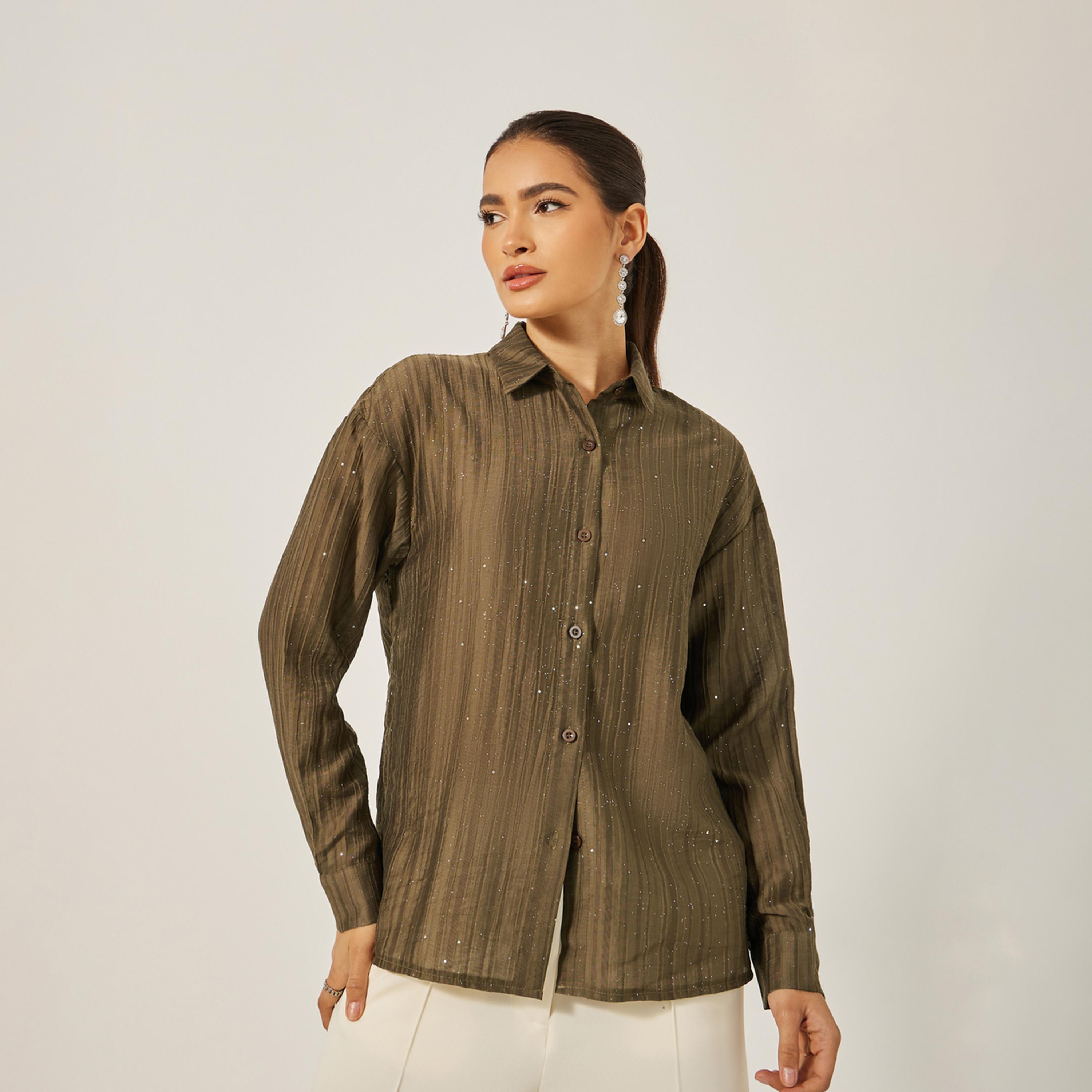 Styli Textured Striped Regular Fit Shirt with Metallic Detail-women-clothing-shirtsandblouses-shirts-image-1