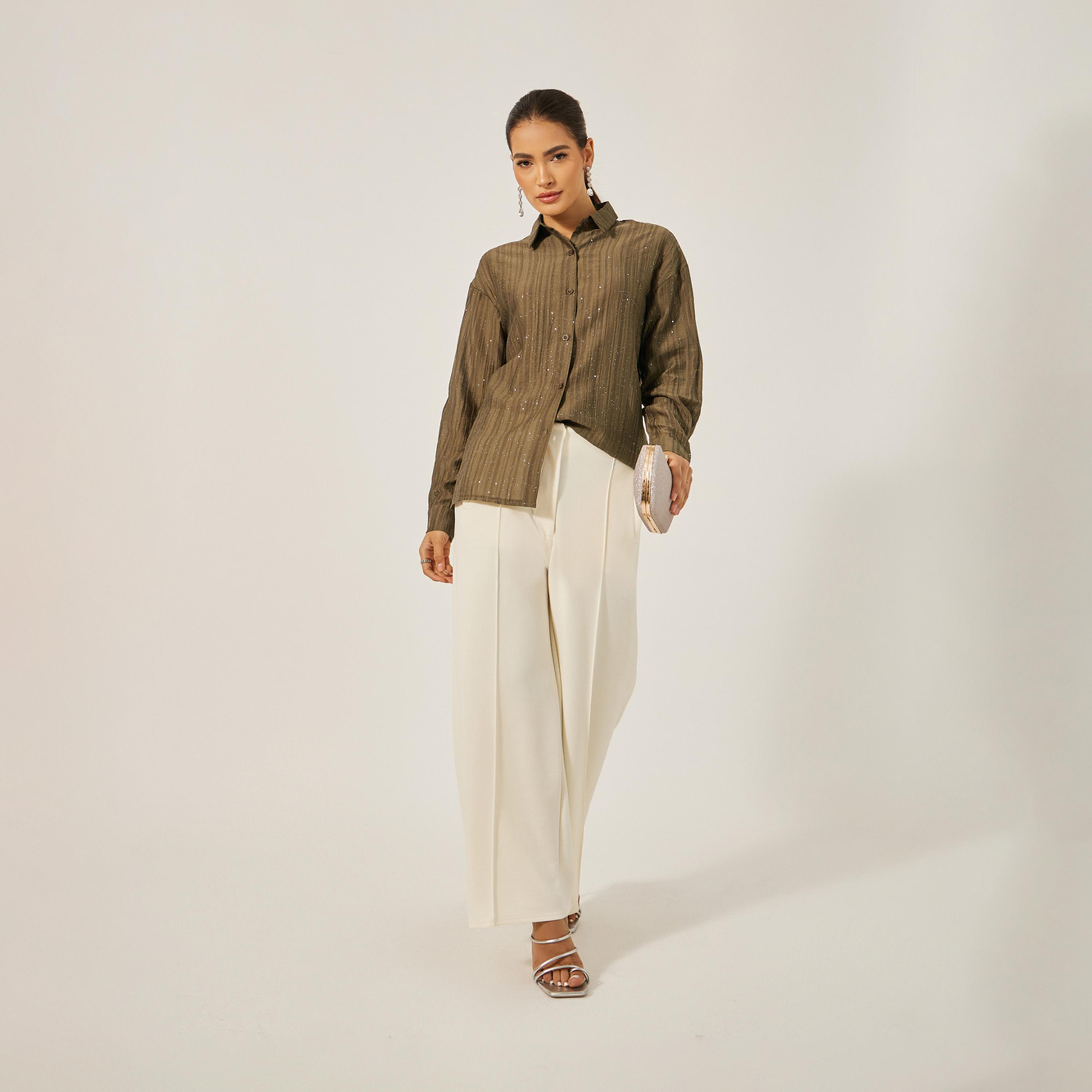 Styli Textured Striped Regular Fit Shirt with Metallic Detail-women-clothing-shirtsandblouses-shirts-image-2