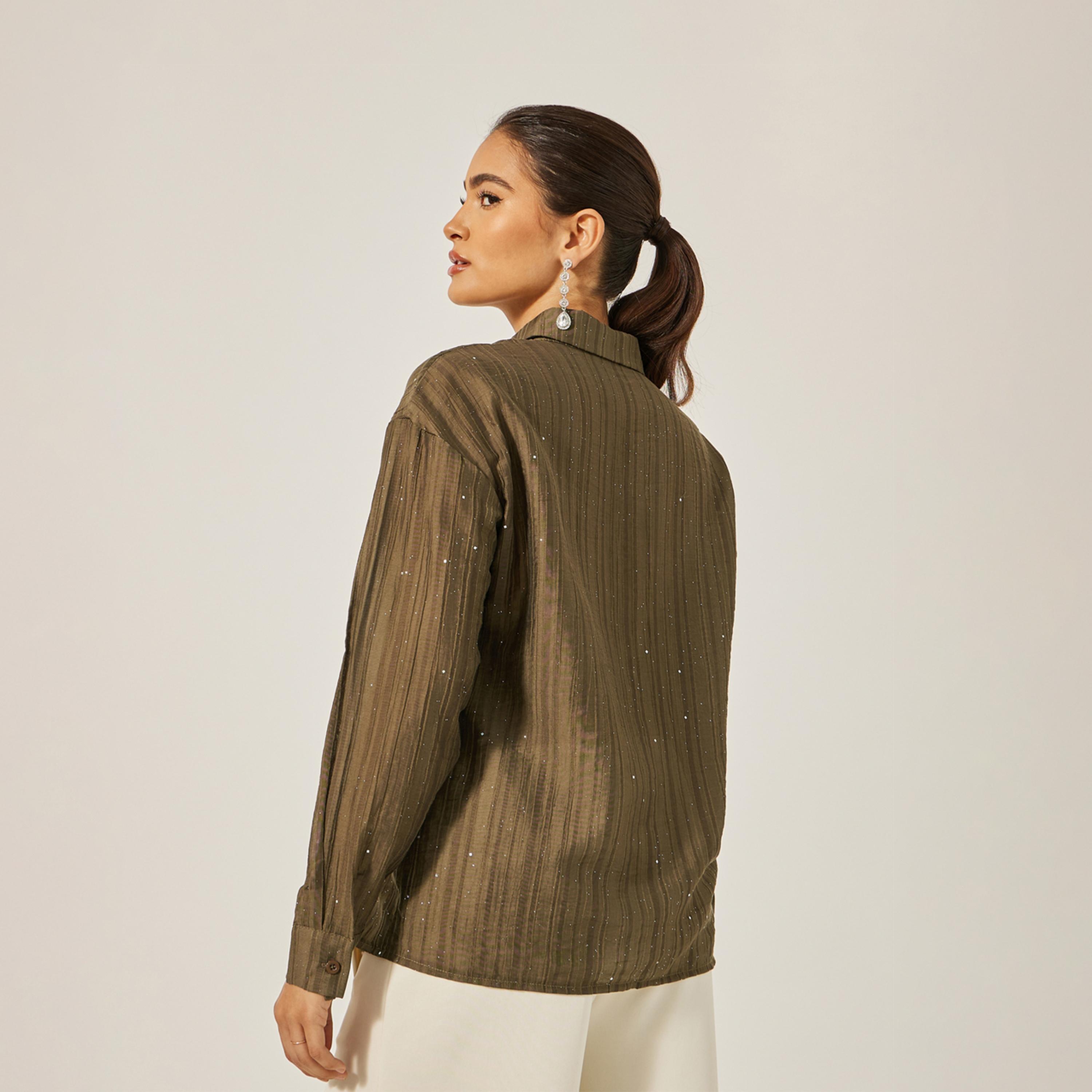 Styli Textured Striped Regular Fit Shirt with Metallic Detail-women-clothing-shirtsandblouses-shirts-image-4