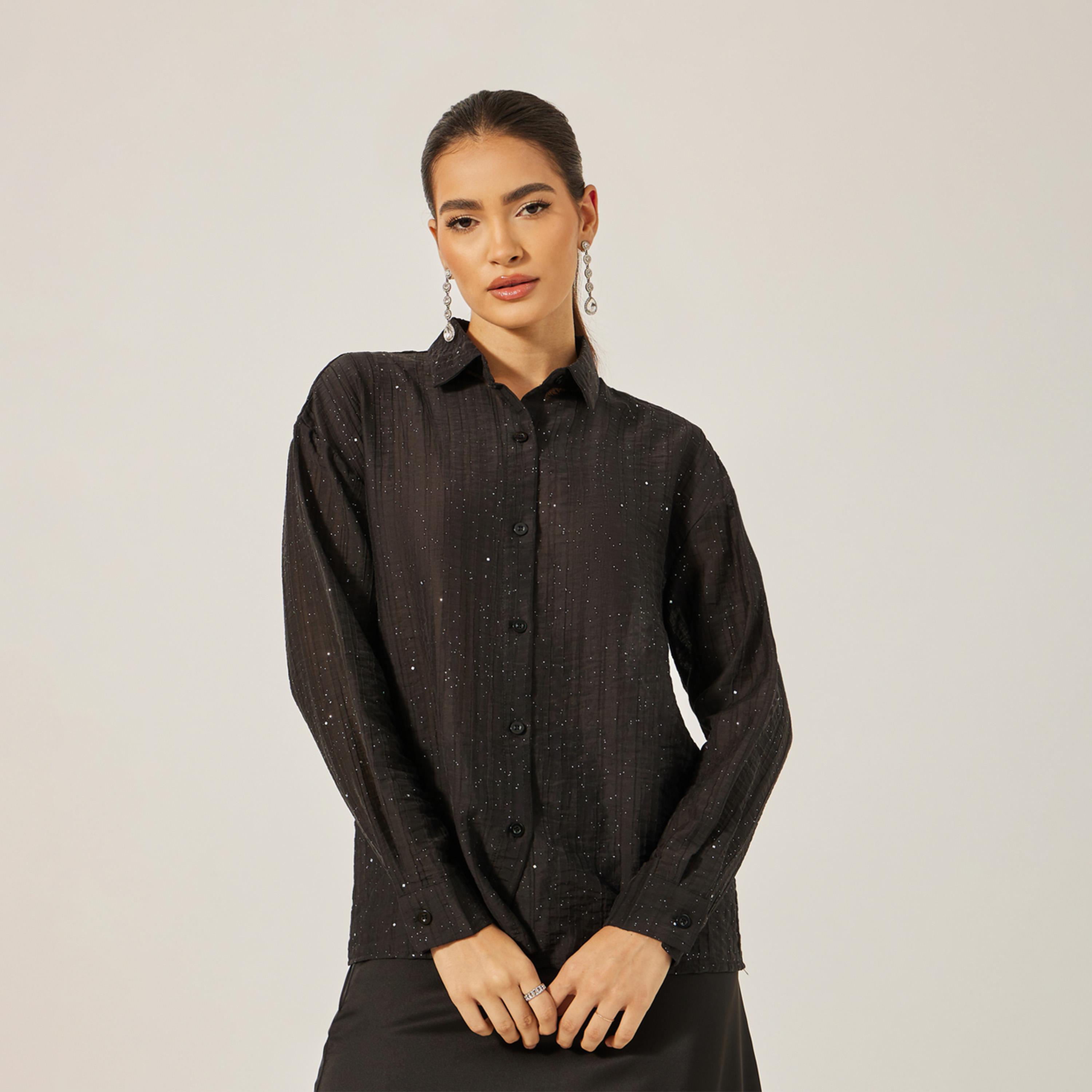 Styli Textured Striped Regular Fit Shirt with Metallic Detail-women-clothing-shirtsandblouses-shirts-image-2