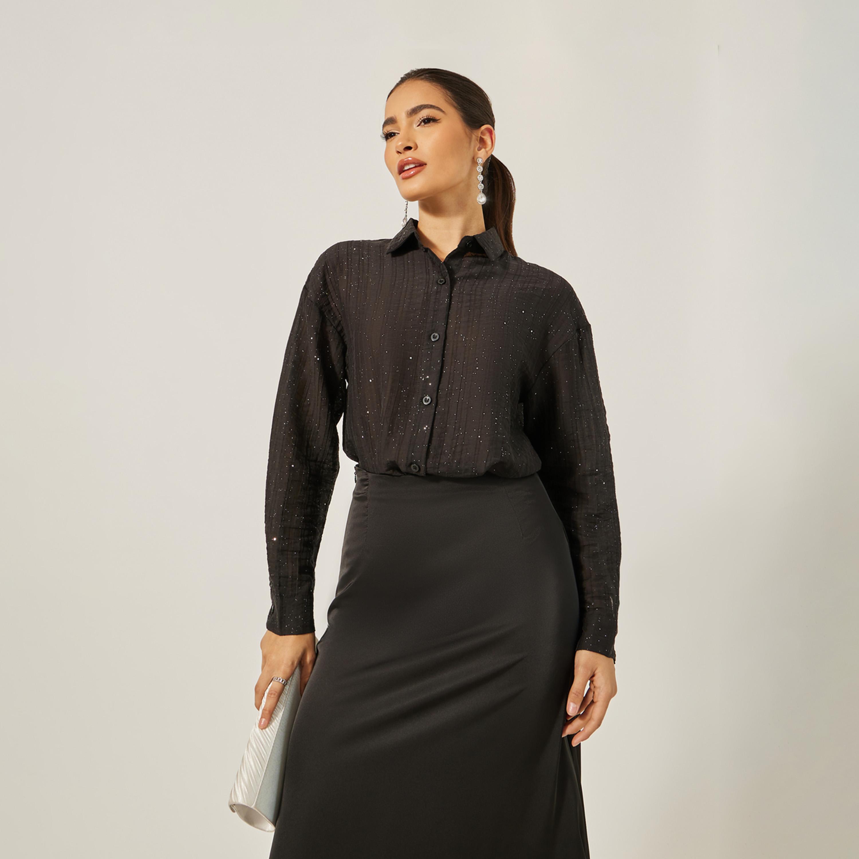 Styli Textured Striped Regular Fit Shirt with Metallic Detail-women-clothing-shirtsandblouses-shirts-image-3