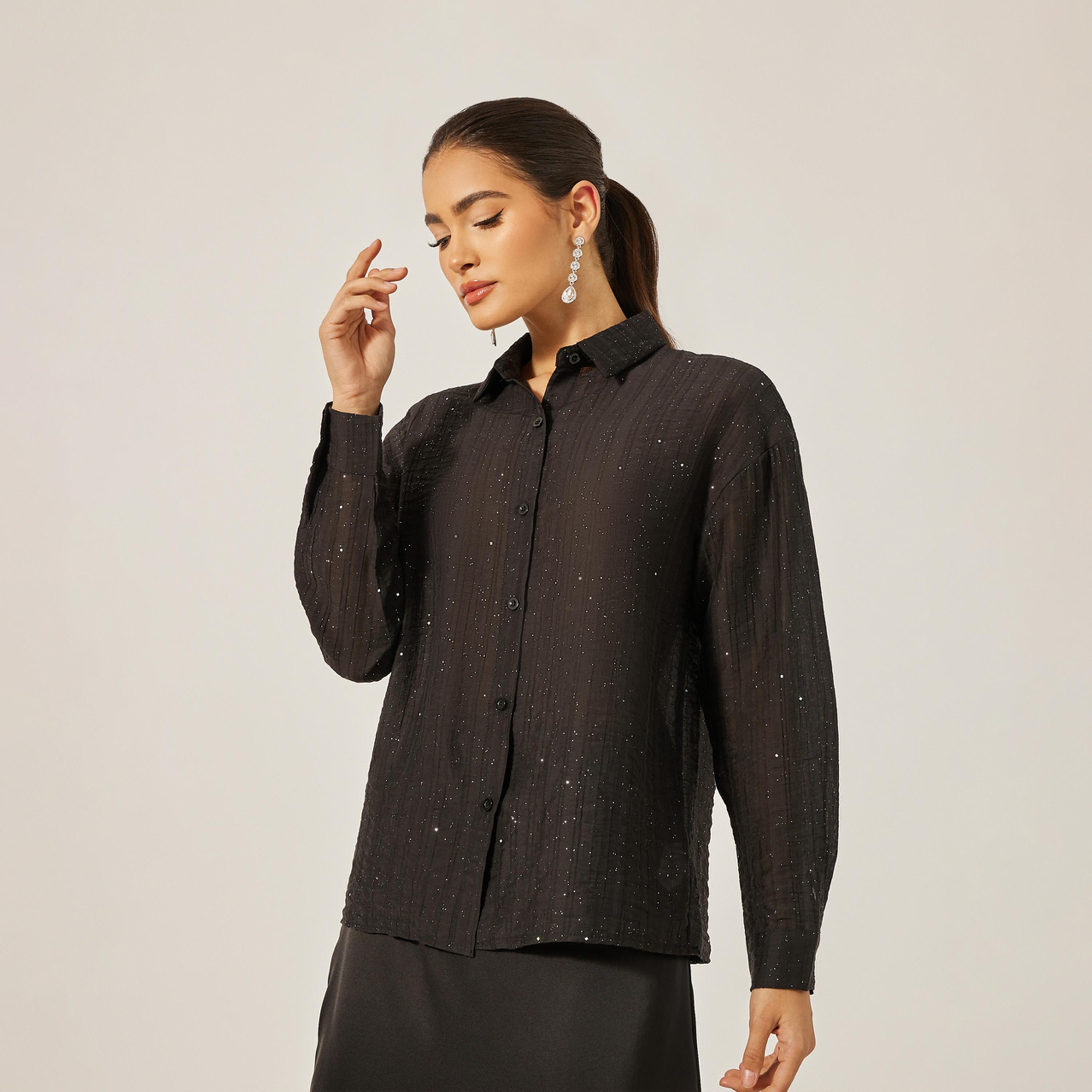 ستايلي - قميص ذو قصة عادية مخطط بتفاصيل ذات لمعة معدنية-women-clothing-shirtsandblouses-shirts-image-4