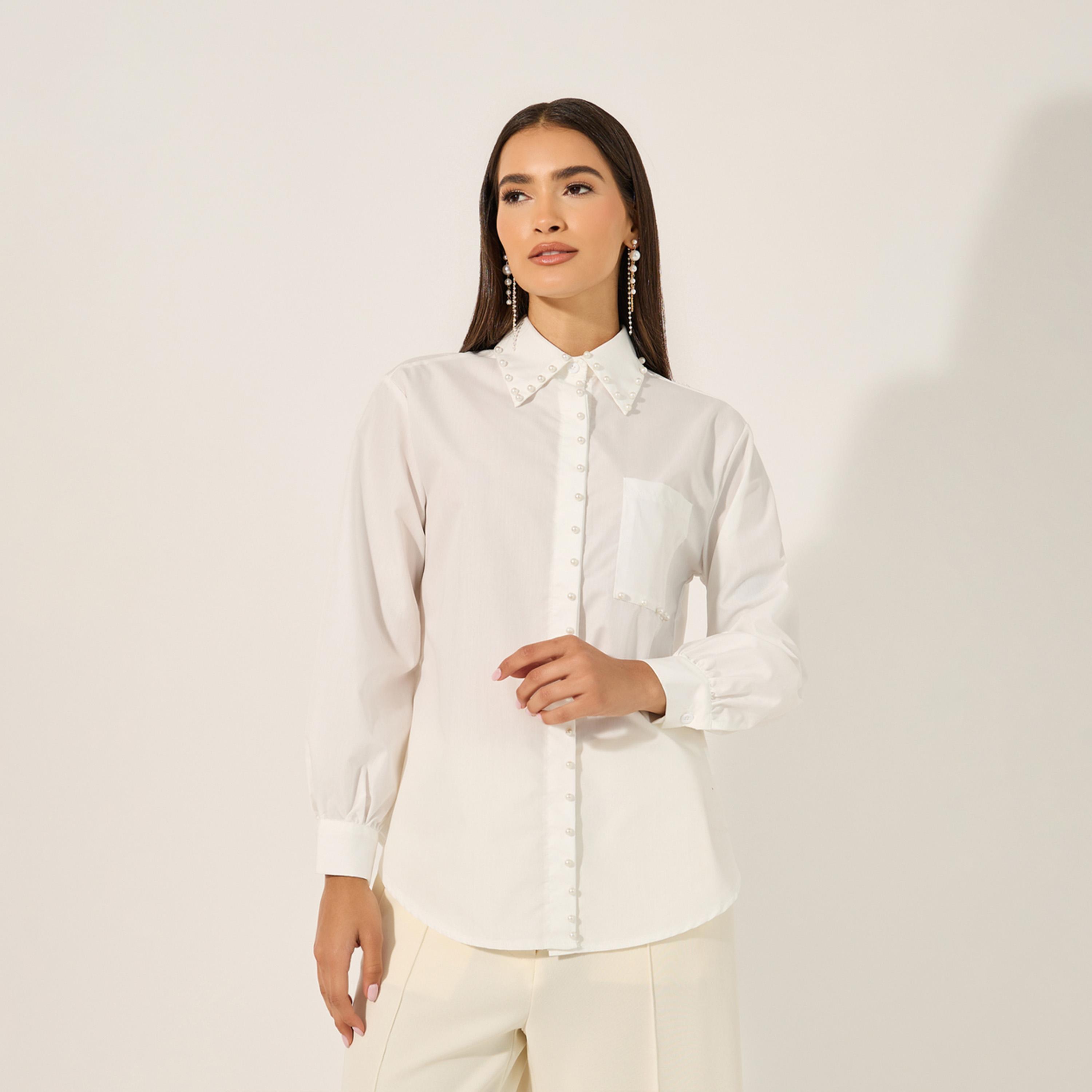 Styli Faux Pearl Embellished Spread Collar Shirt-women-clothing-shirtsandblouses-shirts-image-1