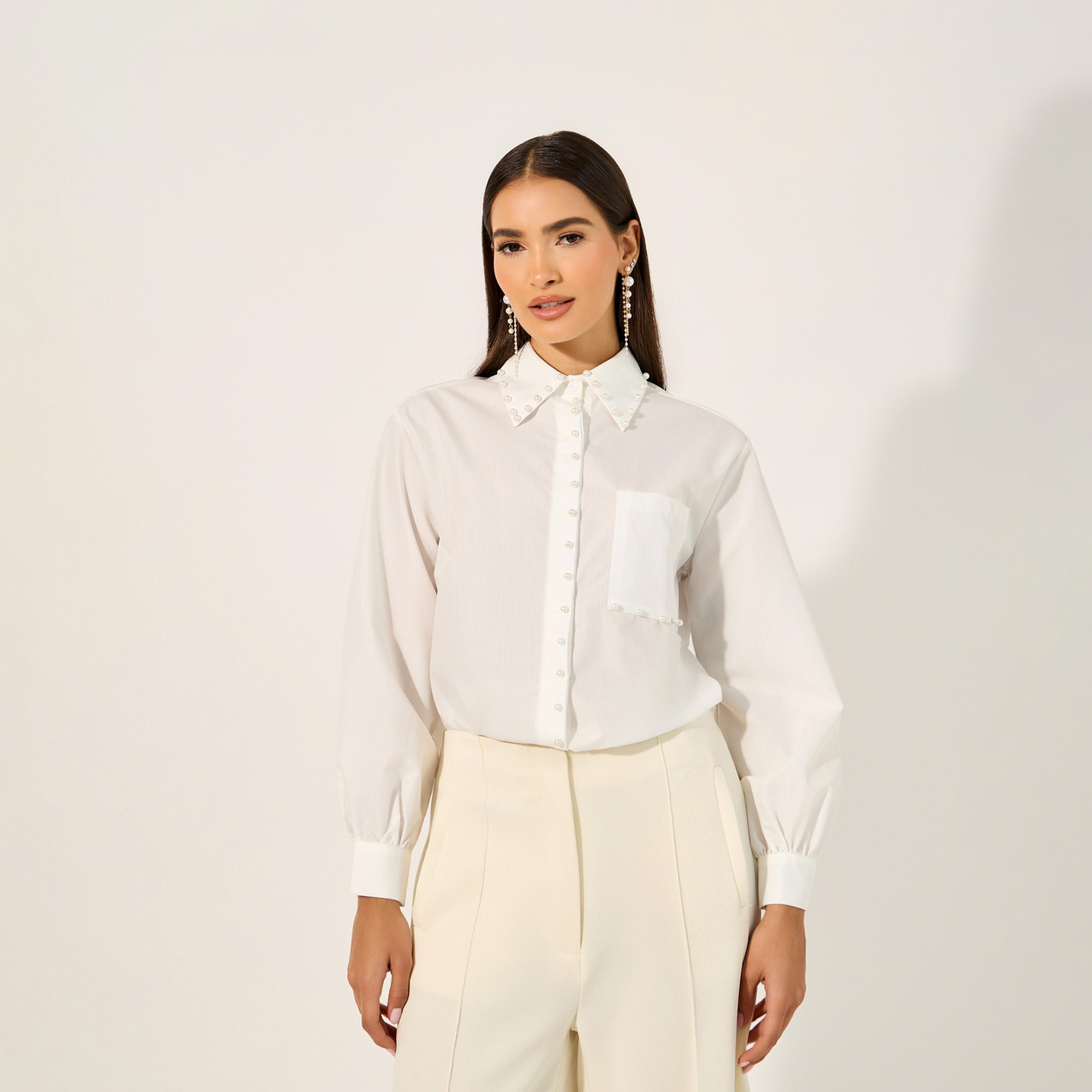 Styli Faux Pearl Embellished Spread Collar Shirt-women-clothing-shirtsandblouses-shirts-image-2