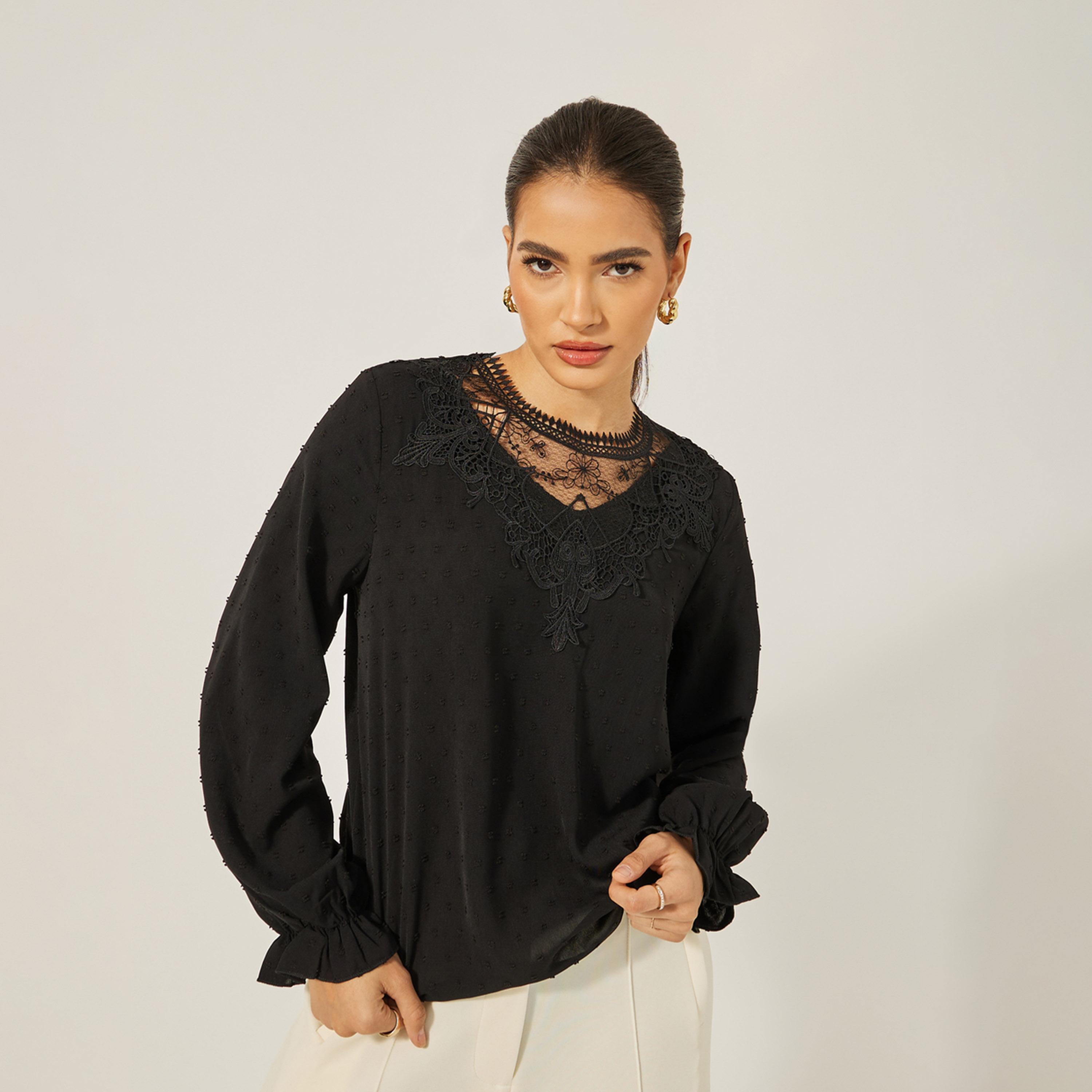 ستايلي - بلوزة من الدانتيل المزخرف بأكمام مكشكشة-women-clothing-shirtsandblouses-blouses-image-3