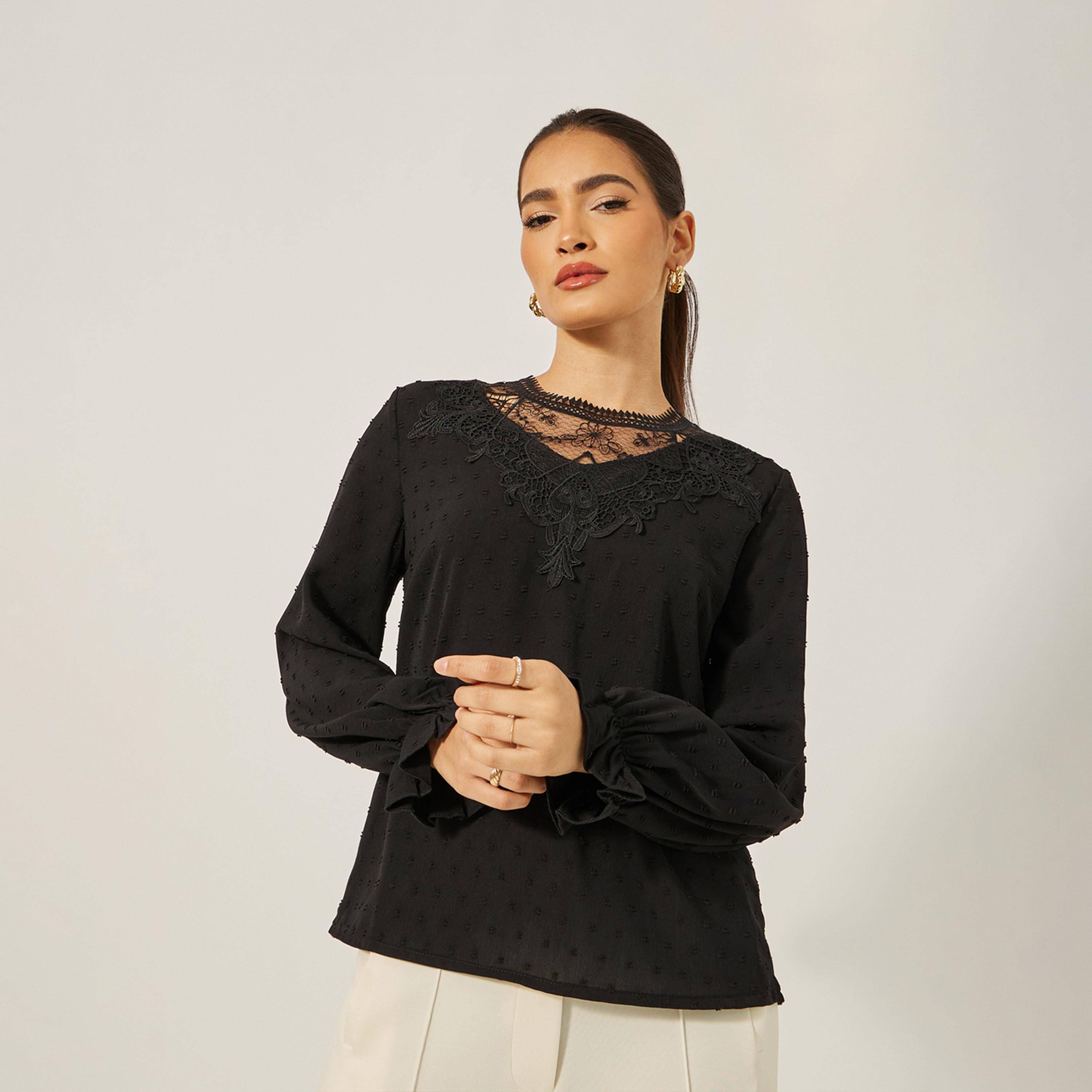 Styli Textured Lace Insert Ruffled Sleeve Top-women-clothing-shirtsandblouses-blouses-image-4