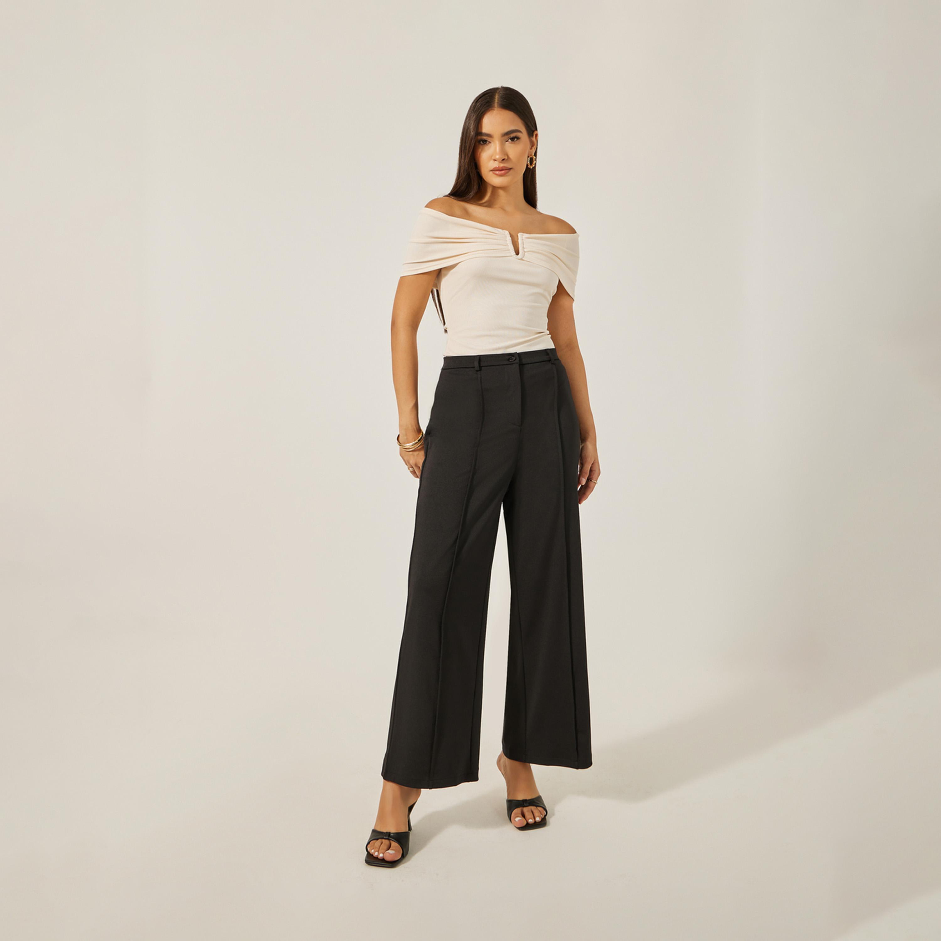 ستايلي - بنطال بخصر متوسط الارتفاع وواسع الساق مع تفاصيل ثنيات-women-clothing-bottoms-trousers-image-1