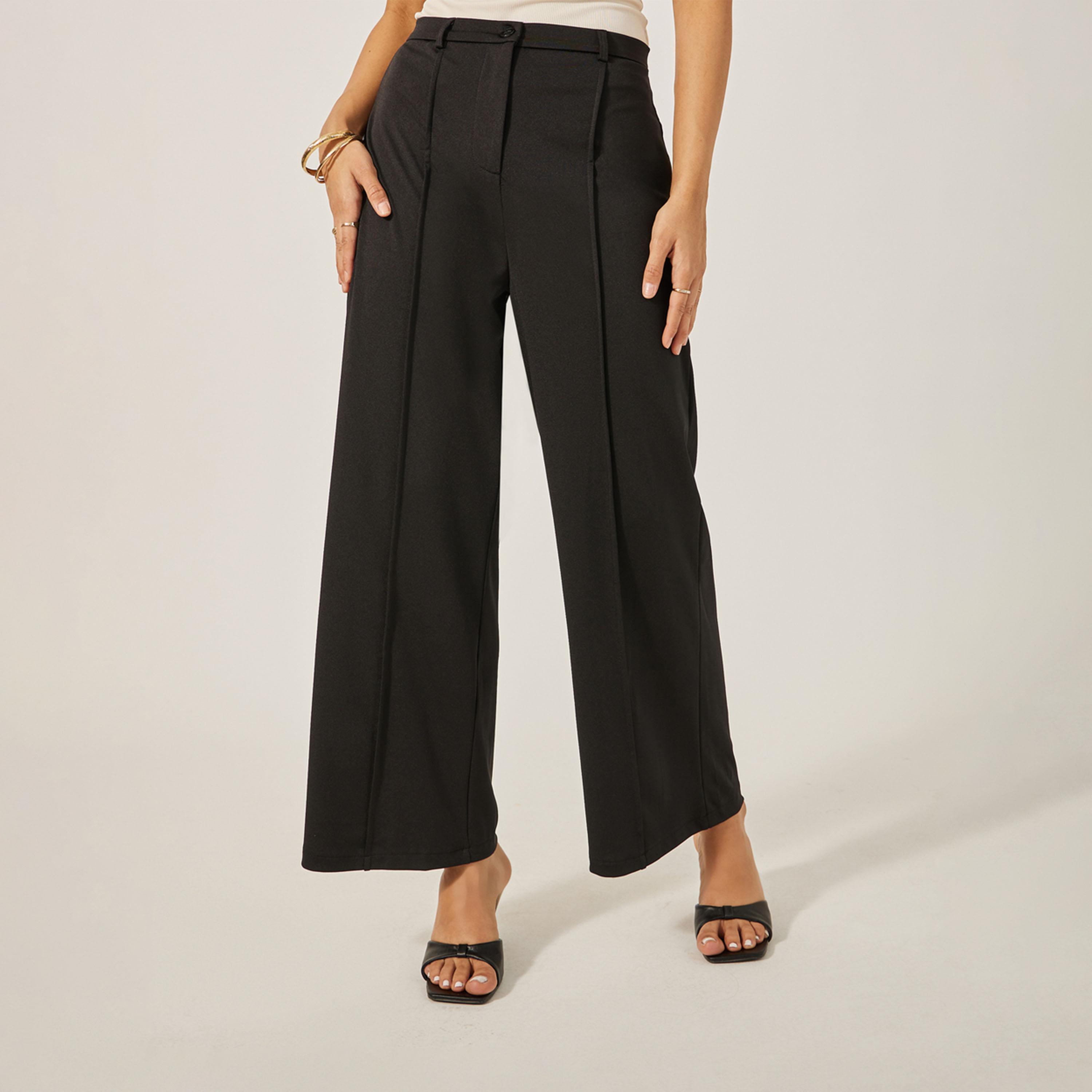 ستايلي - بنطال بخصر متوسط الارتفاع وواسع الساق مع تفاصيل ثنيات-women-clothing-bottoms-trousers-image-2