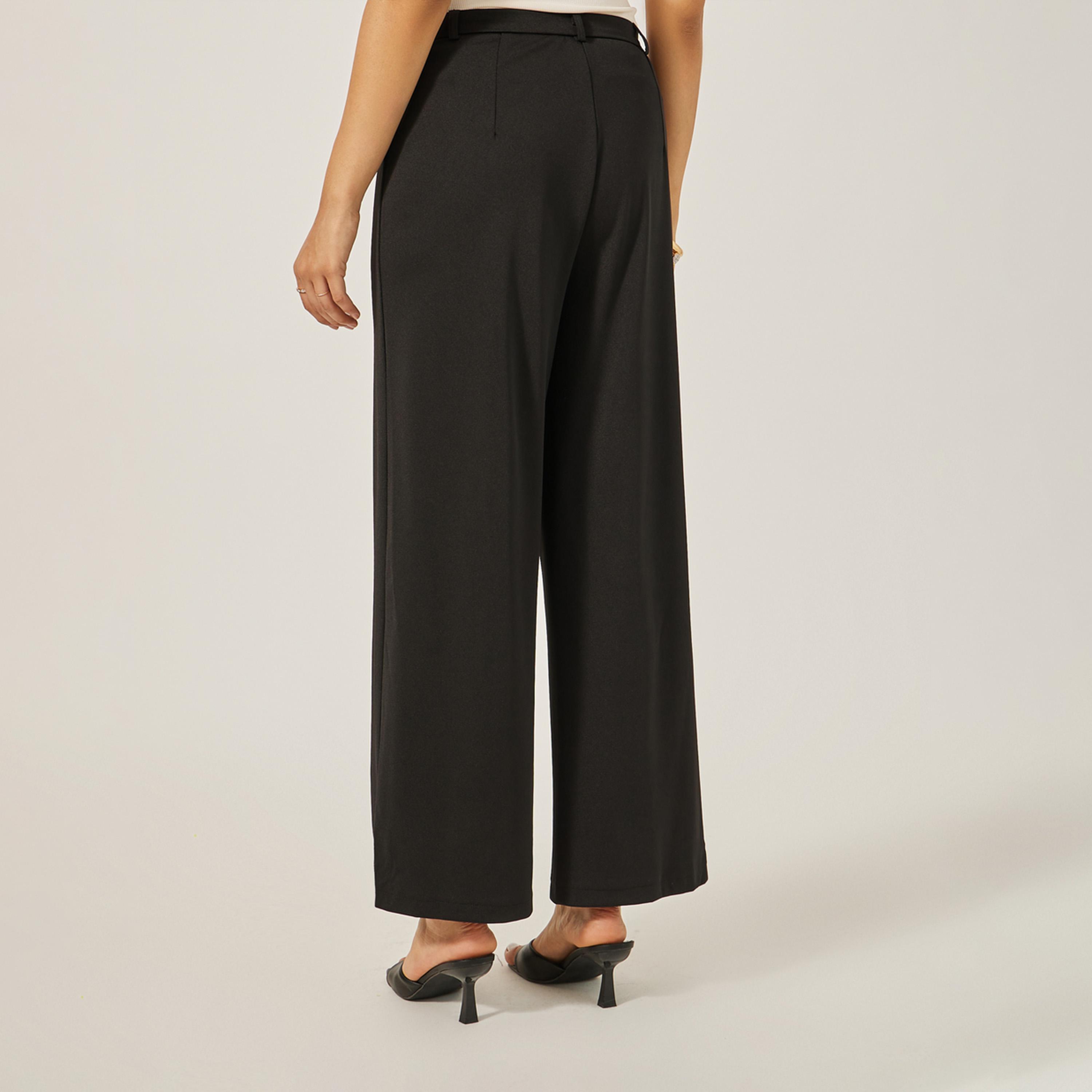 ستايلي - بنطال بخصر متوسط الارتفاع وواسع الساق مع تفاصيل ثنيات-women-clothing-bottoms-trousers-image-4
