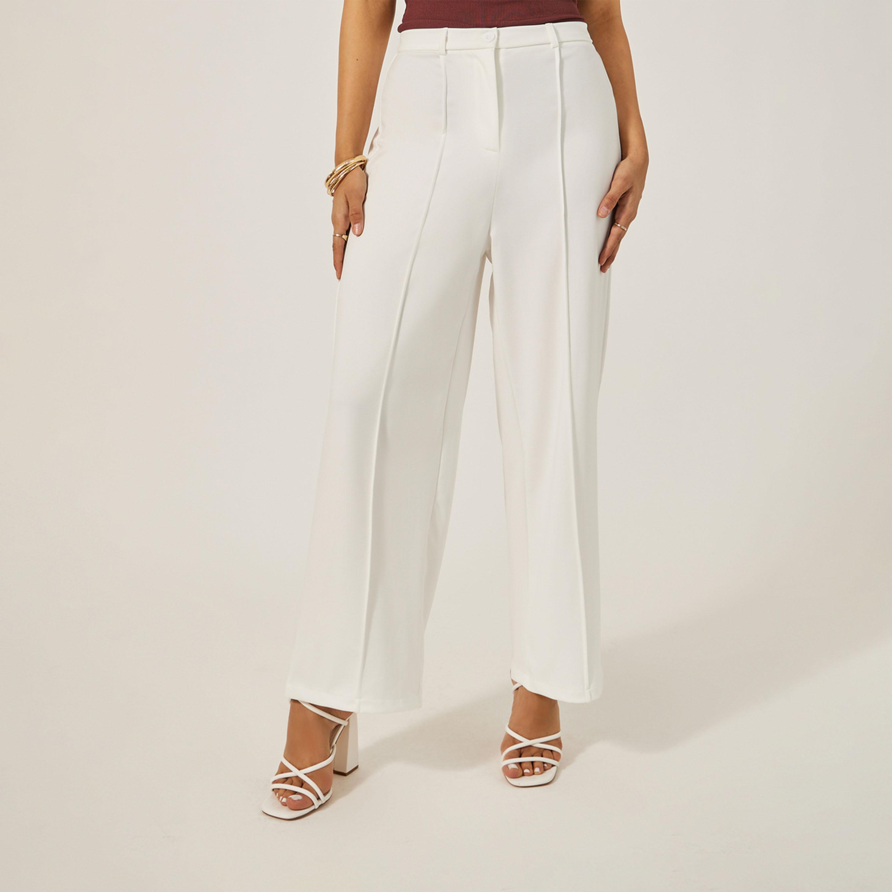 ستايلي - بنطال بخصر متوسط الارتفاع وواسع الساق مع تفاصيل ثنيات-women-clothing-bottoms-trousers-image-2