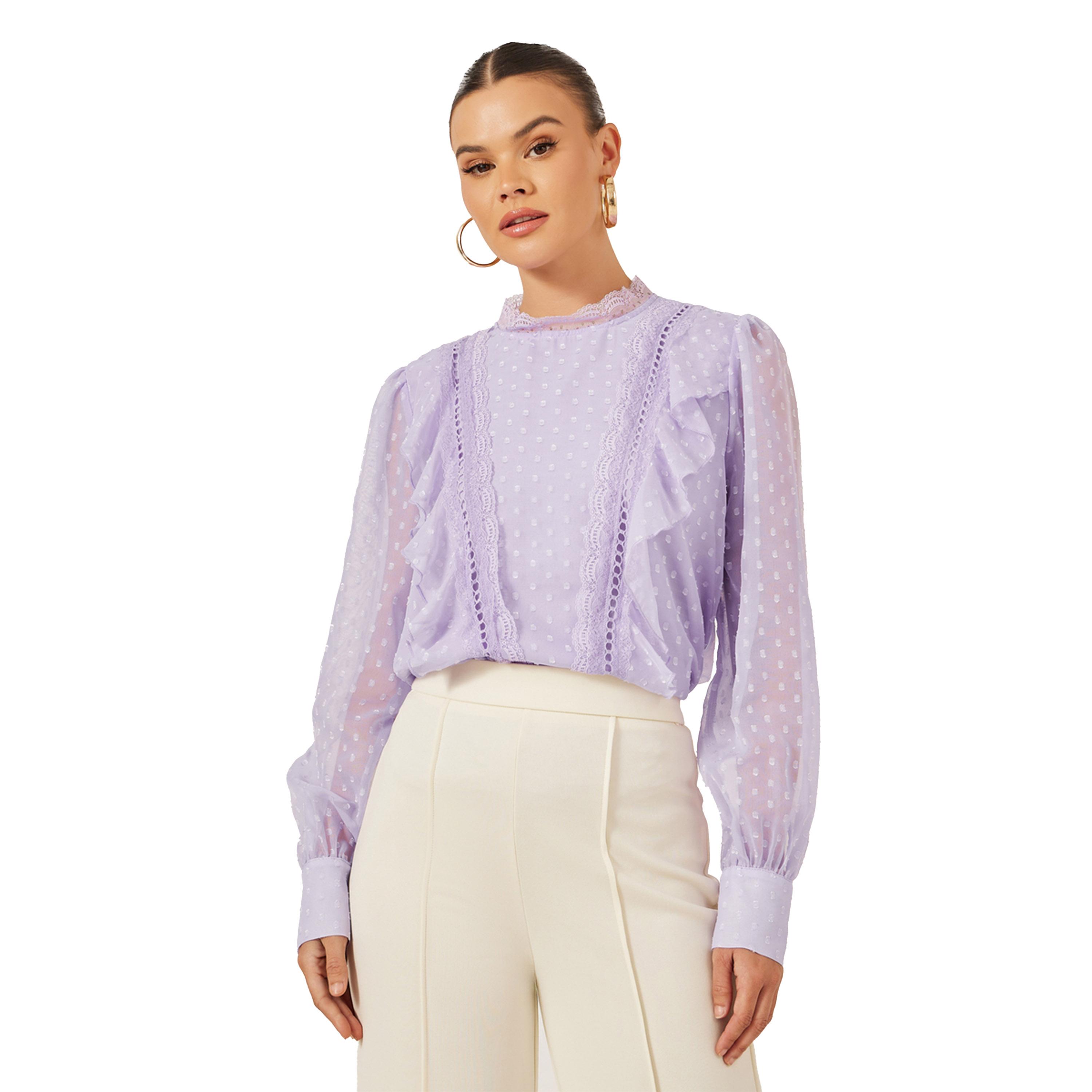 ستايلي - بلوزة دوبي بأكمام منفوخة وتفاصيل دانتيل-women-clothing-shirtsandblouses-blouses-image-1