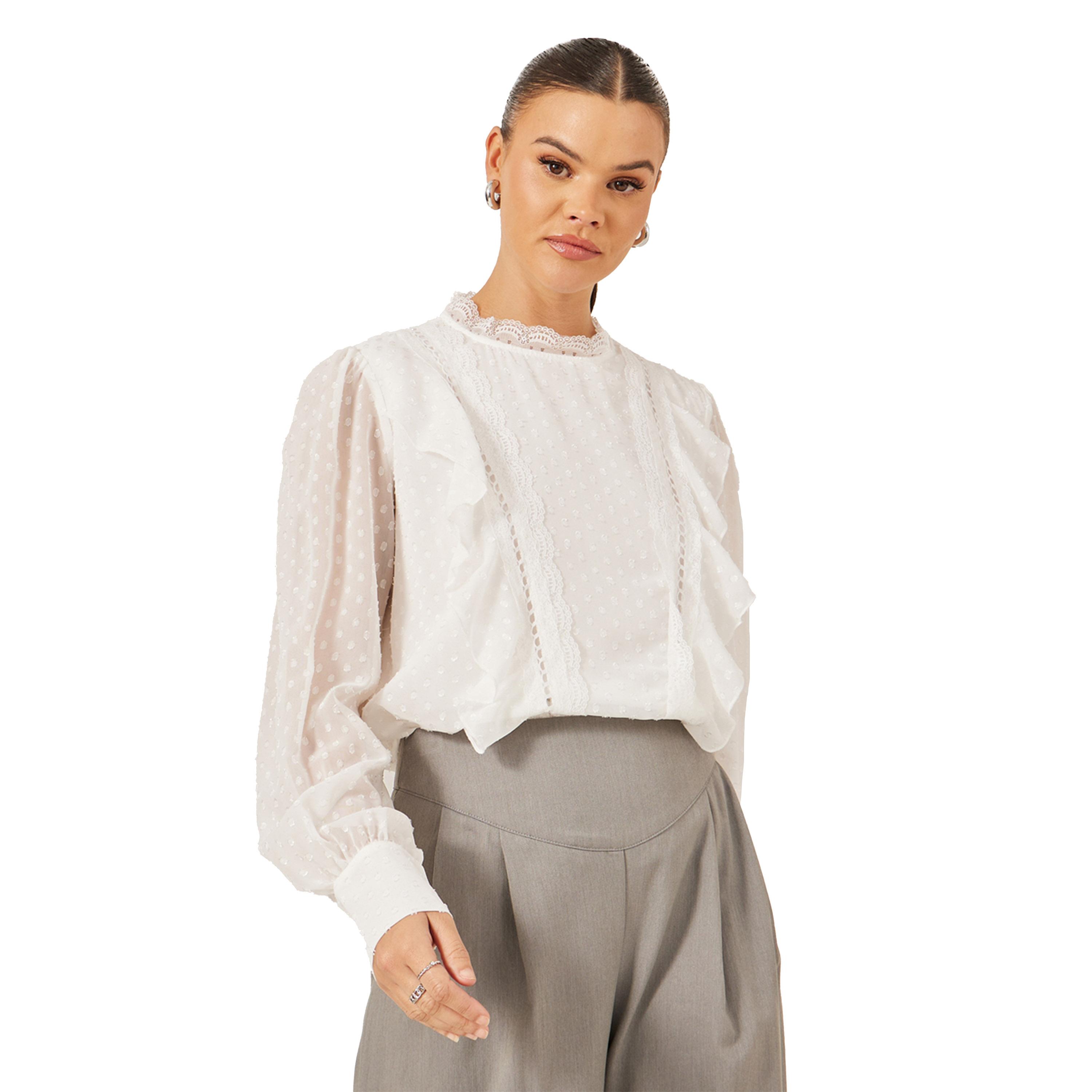 Styli Dobby Ruffled Balloon Sleeves Blouse with Lace Insert-women-clothing-shirtsandblouses-blouses-image-1