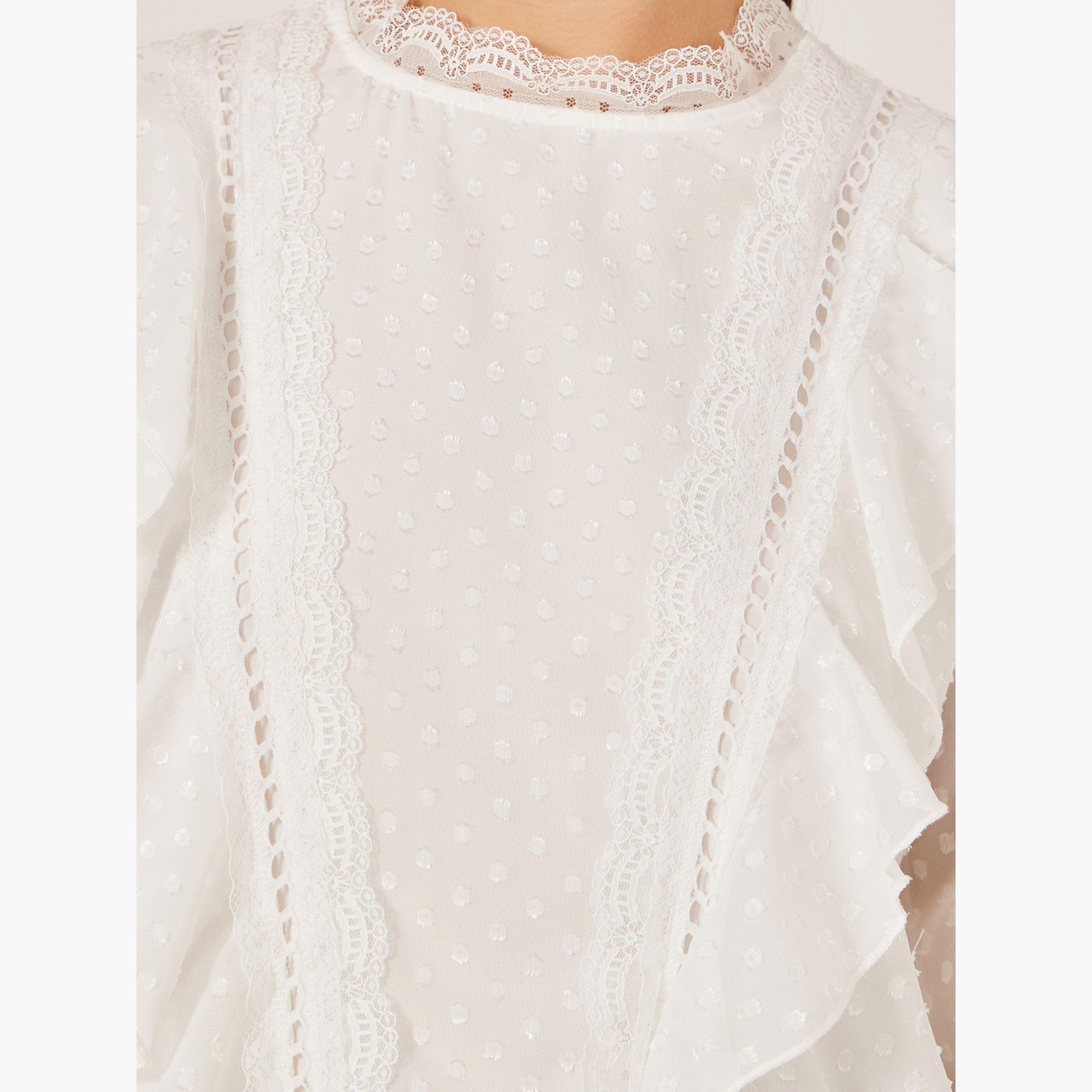 ستايلي - بلوزة دوبي بأكمام منفوخة مكشكشة مع دانتيل-women-clothing-shirtsandblouses-blouses-image-4
