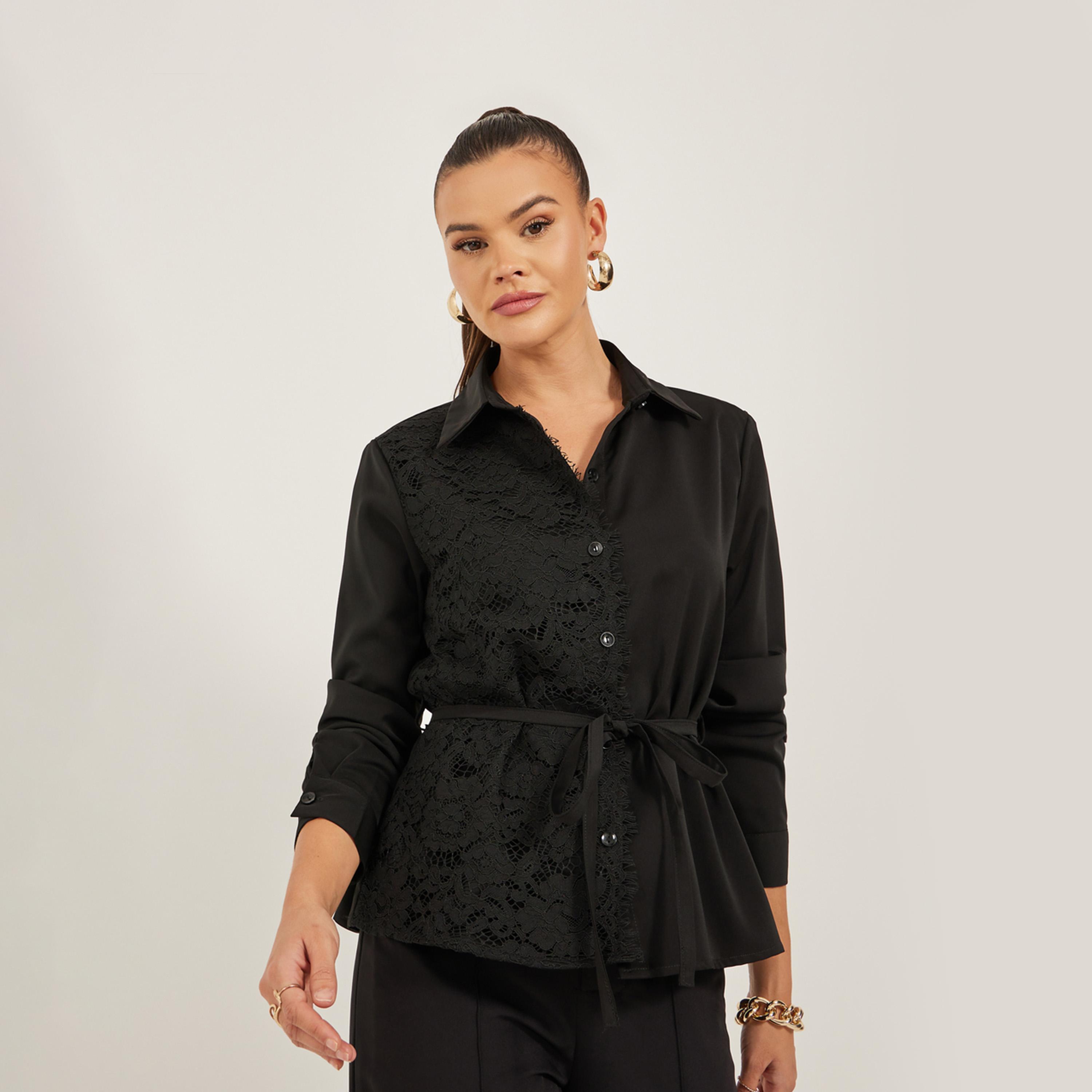 ستايلي - قميص بقصّة عادية مزيّن بالدانتيل مع تفاصيل ربطة-women-clothing-shirtsandblouses-shirts-image-1