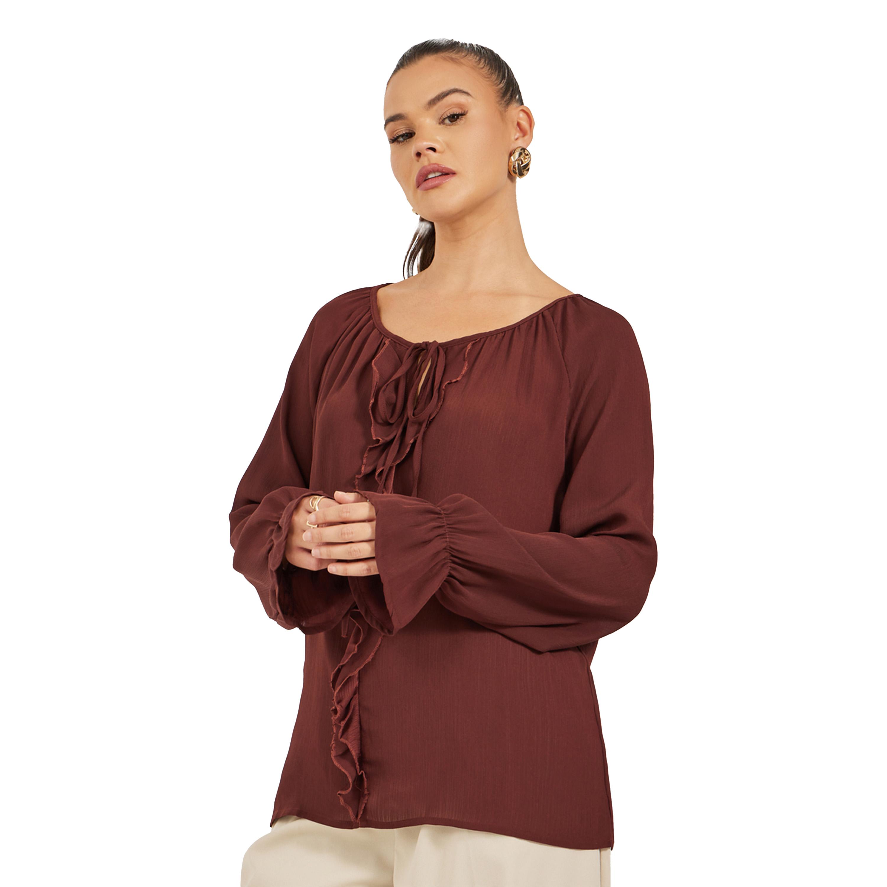 Styli Solid Long Sleeve Tie Up Blouse-women-clothing-shirtsandblouses-blouses-image-3