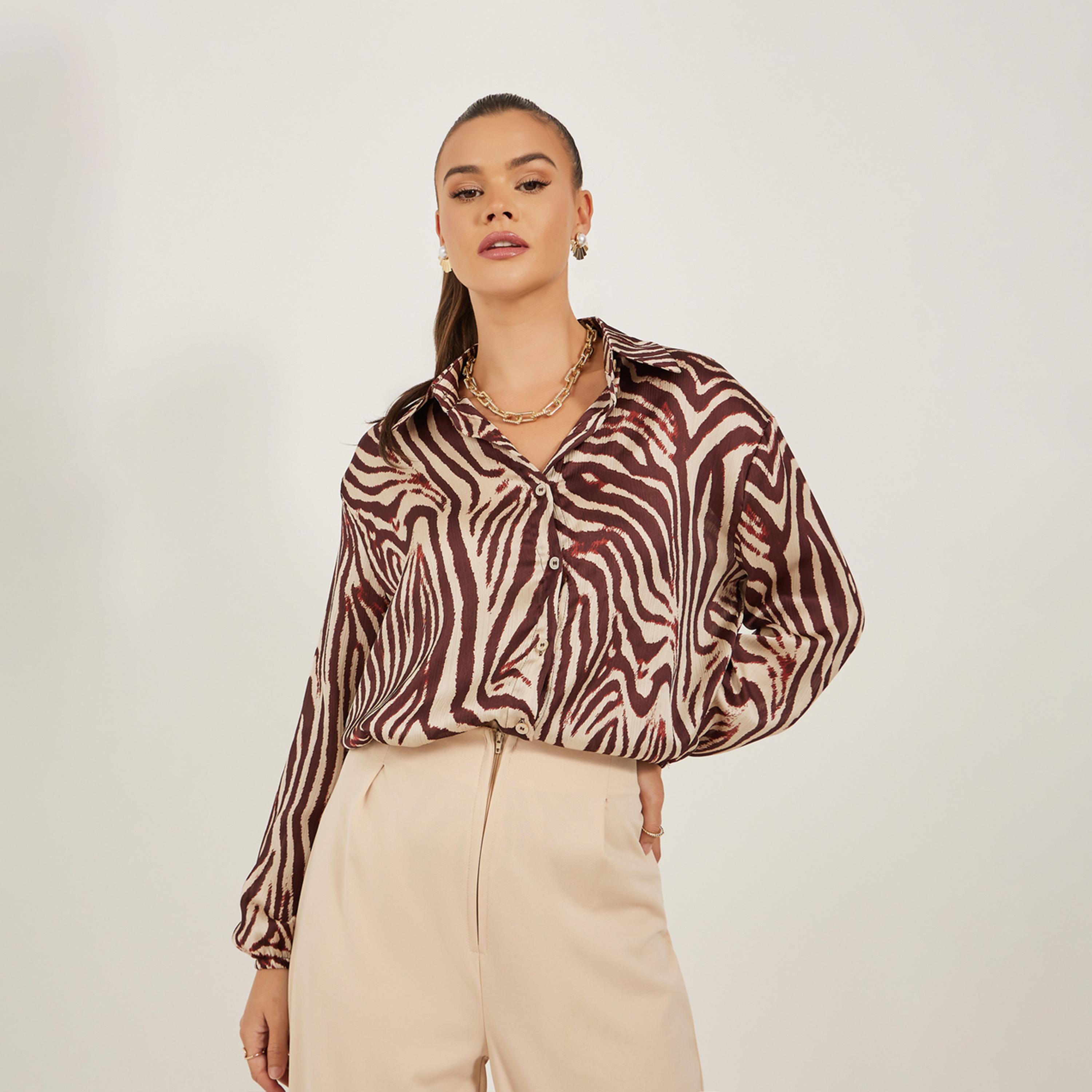 ستايلي - قميص كبير الحجم بطبعة حيوانات وأكمام منفوخة-women-clothing-shirtsandblouses-shirts-image-1