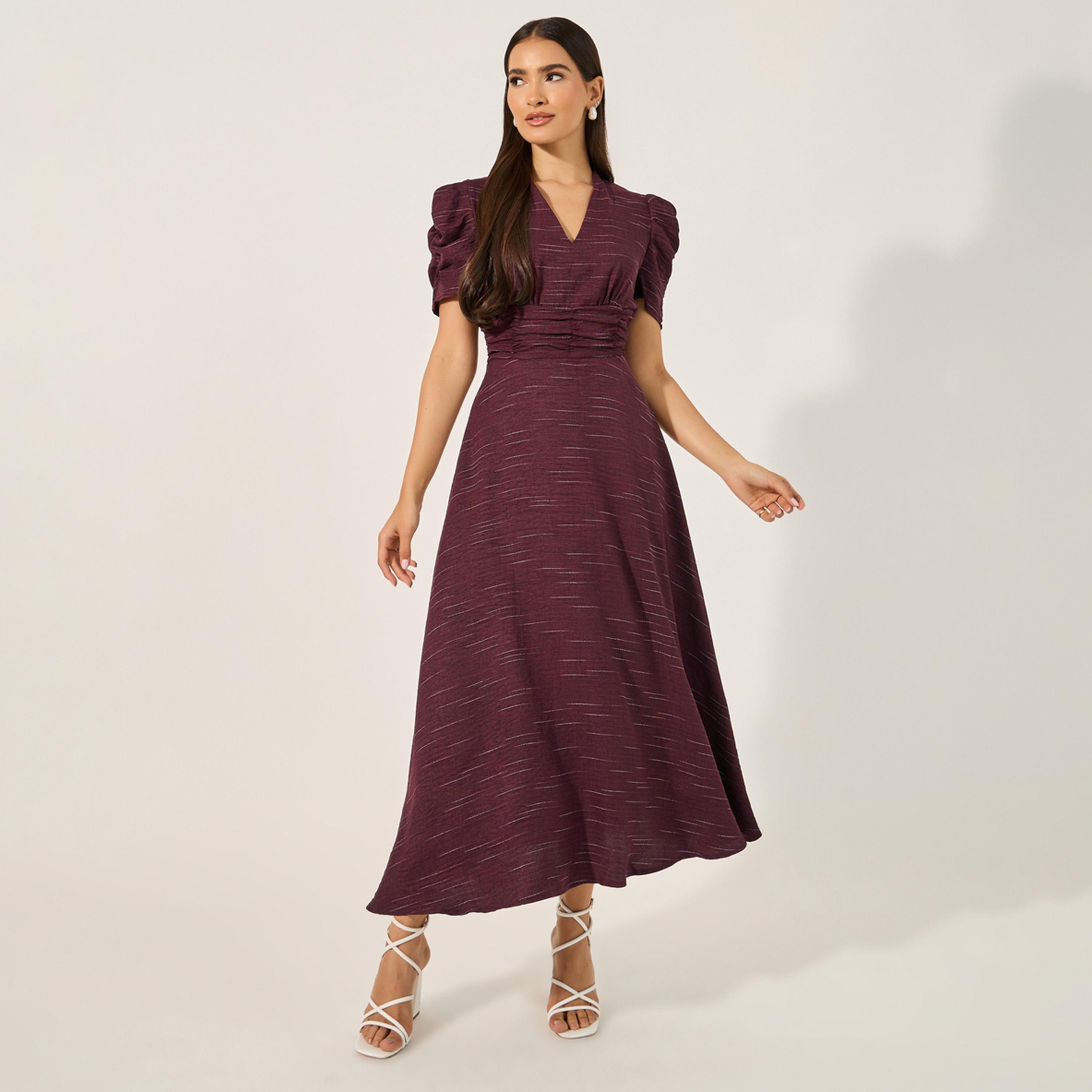 Styli Plain Short Sleeves A-Line Midi Dress-women-clothing-dresses-image-1