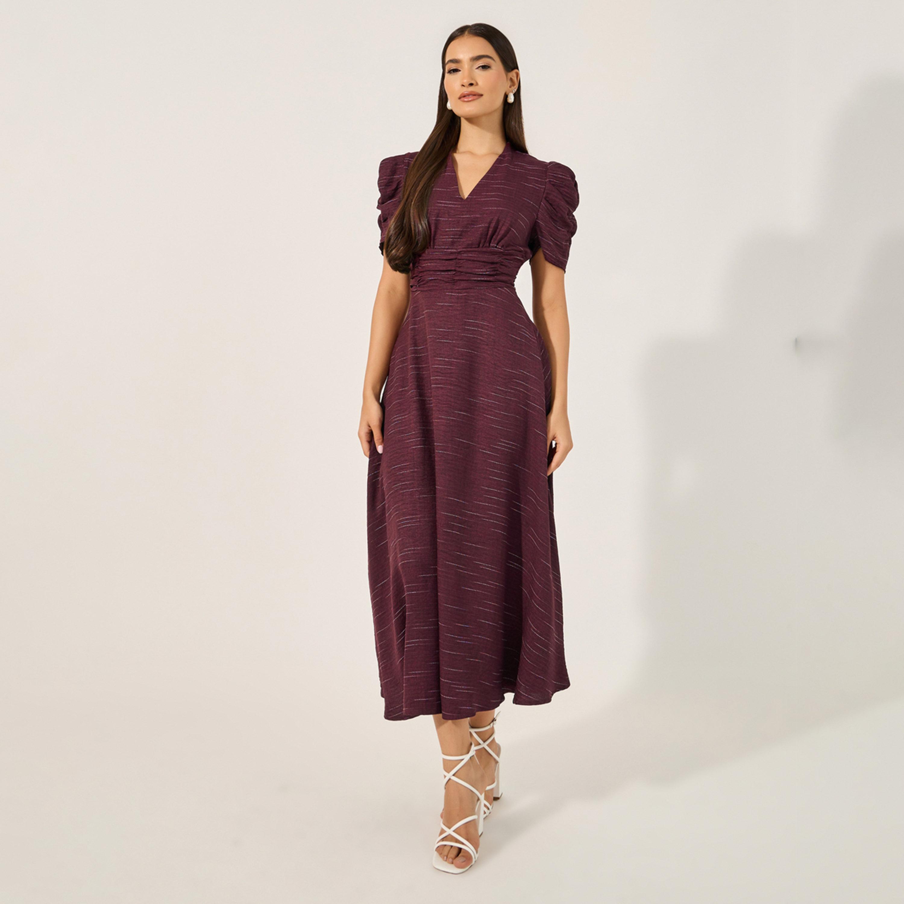 Styli Plain Short Sleeves A-Line Midi Dress-women-clothing-dresses-image-2