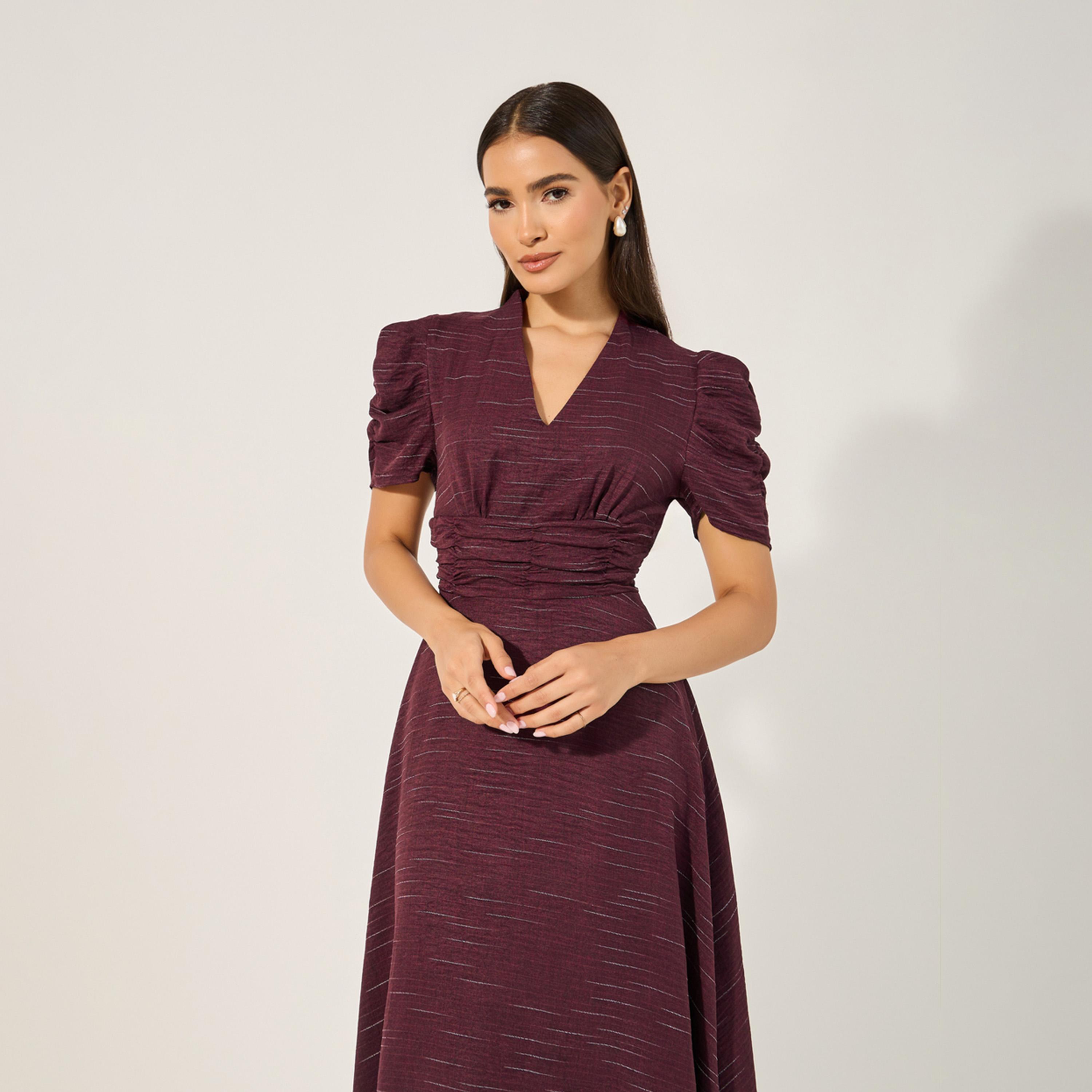 ستايلي - فستان متوسط الطول بأكمام قصيرة وقصة A-women-clothing-dresses-image-3
