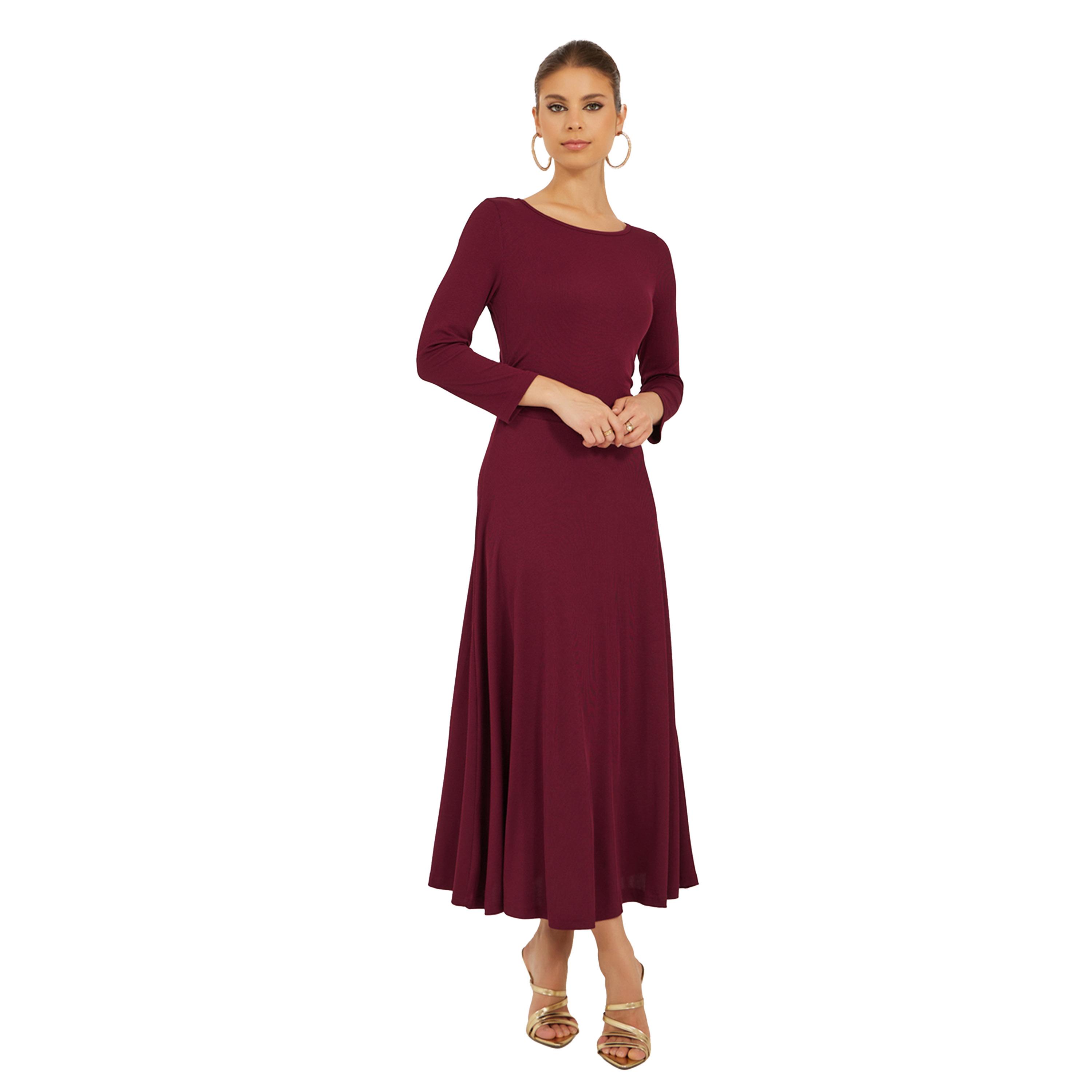 Styli Solid Round Neck A-Line Midi Dress with 3/4th Sleeves-women-clothing-dresses-image-1