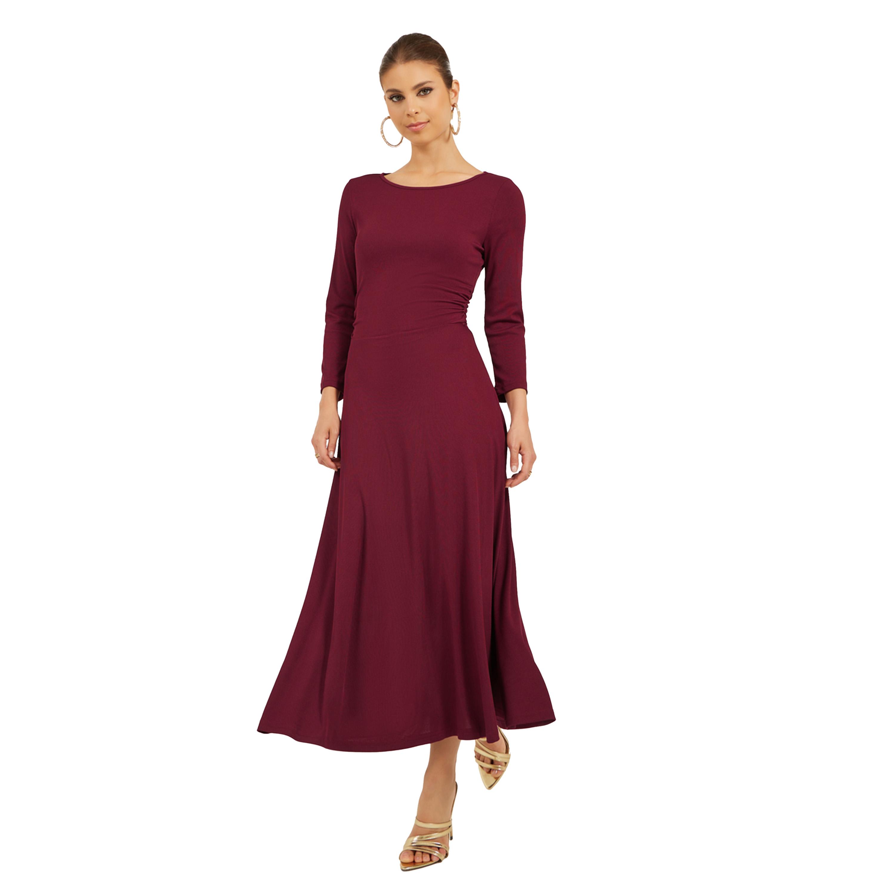 Styli Solid Round Neck A-Line Midi Dress with 3/4th Sleeves-women-clothing-dresses-image-2
