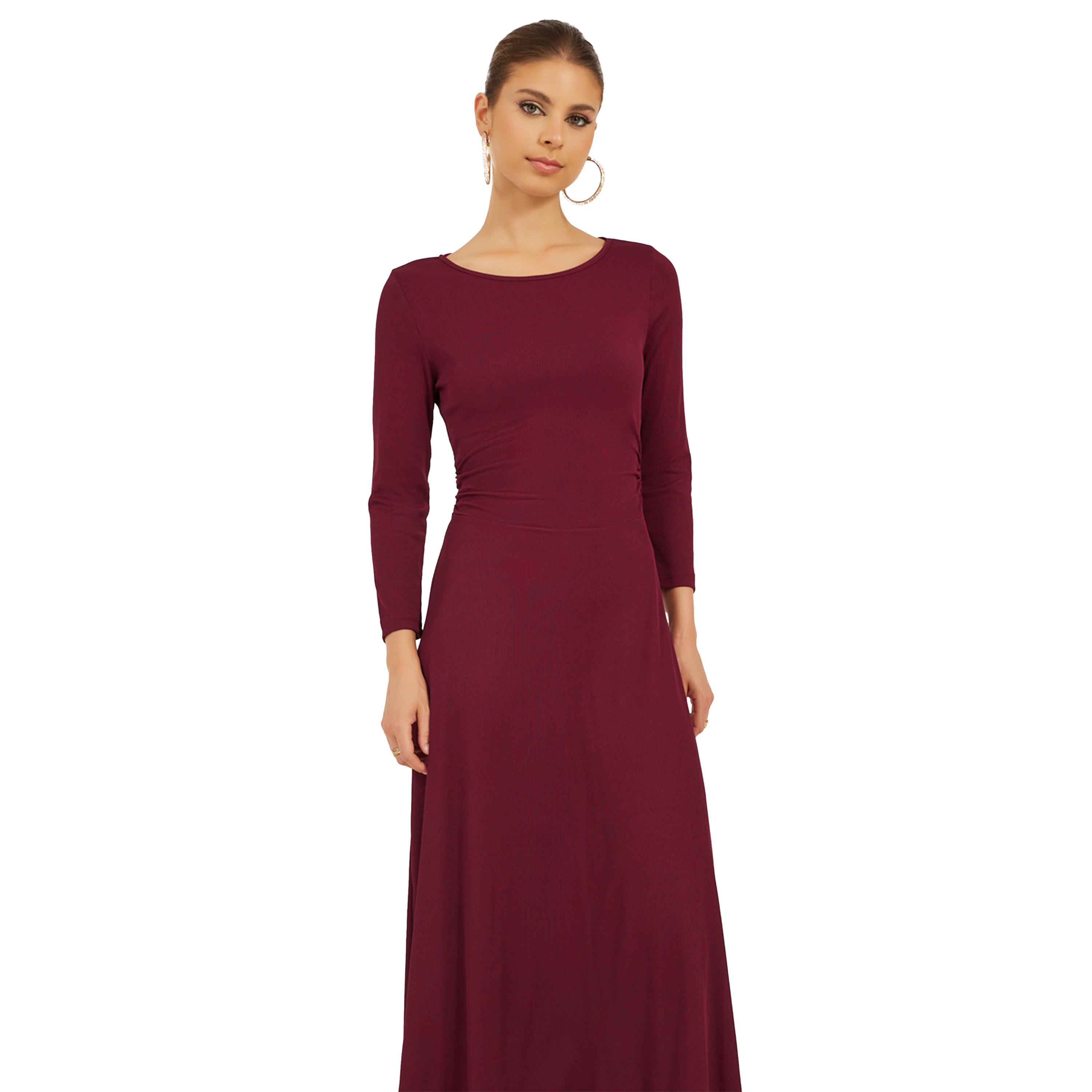 Styli Solid Round Neck A-Line Midi Dress with 3/4th Sleeves-women-clothing-dresses-image-3