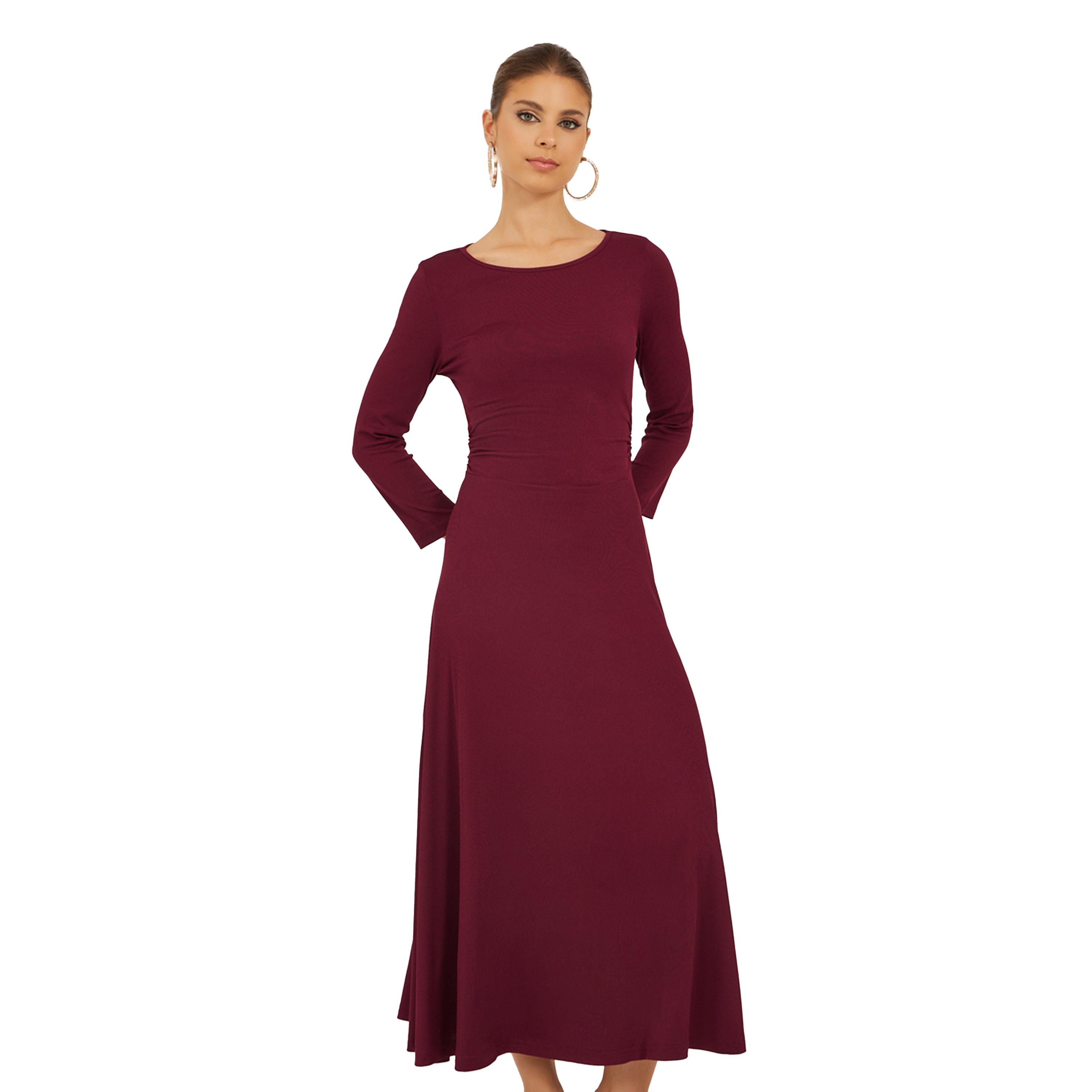 Styli Solid Round Neck A-Line Midi Dress with 3/4th Sleeves-women-clothing-dresses-image-4