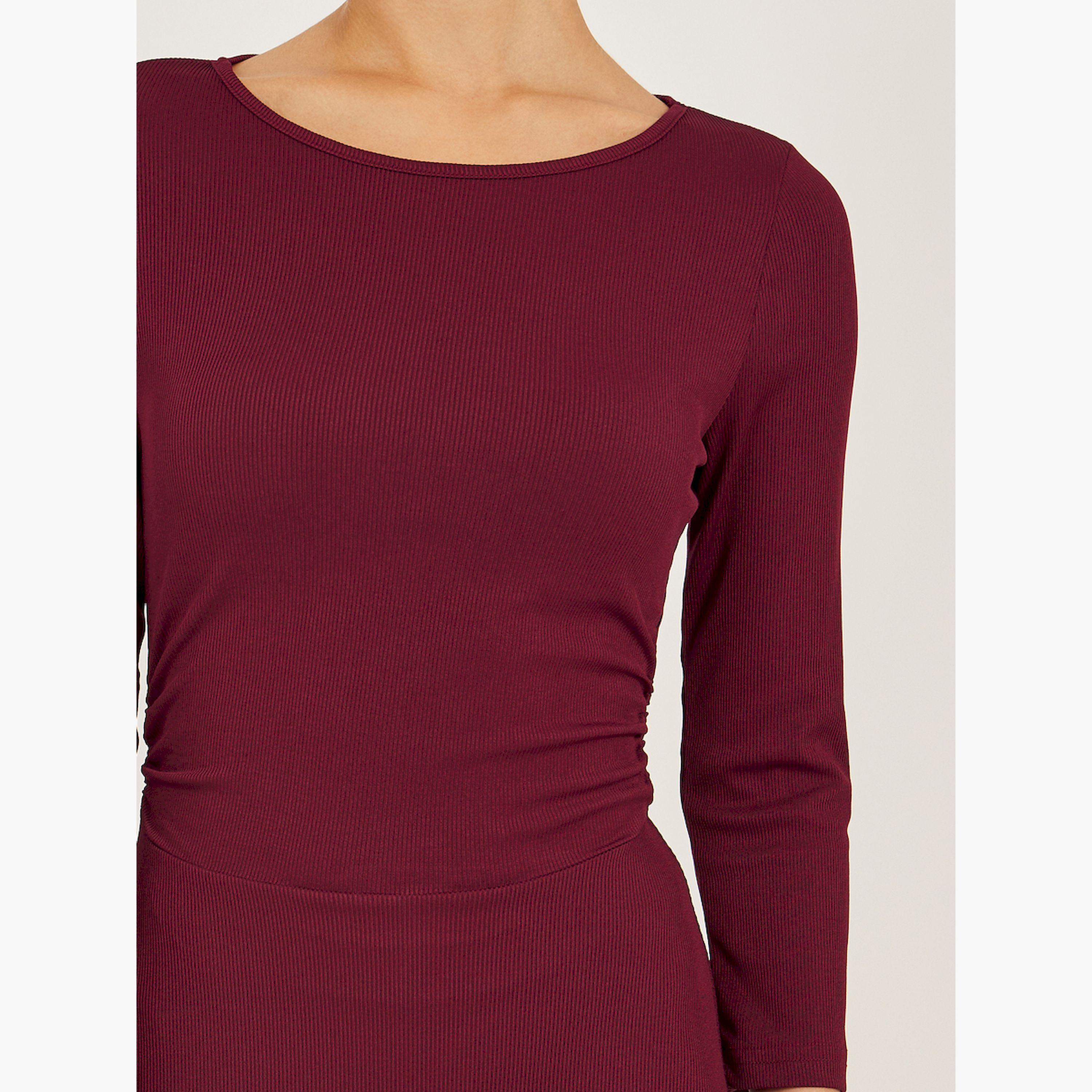 Styli Solid Round Neck A-Line Midi Dress with 3/4th Sleeves-women-clothing-dresses-image-5
