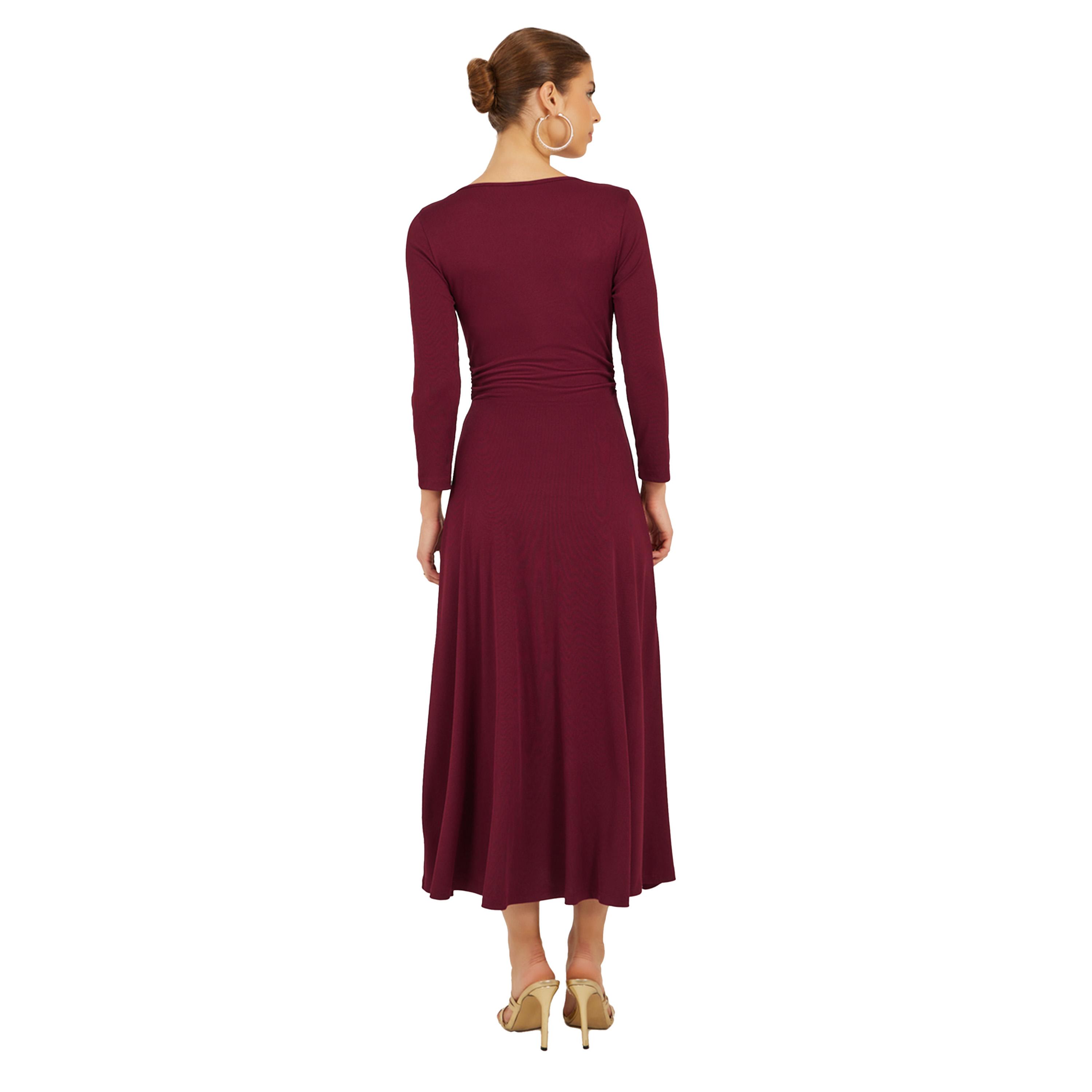 Styli Solid Round Neck A-Line Midi Dress with 3/4th Sleeves-women-clothing-dresses-image-6