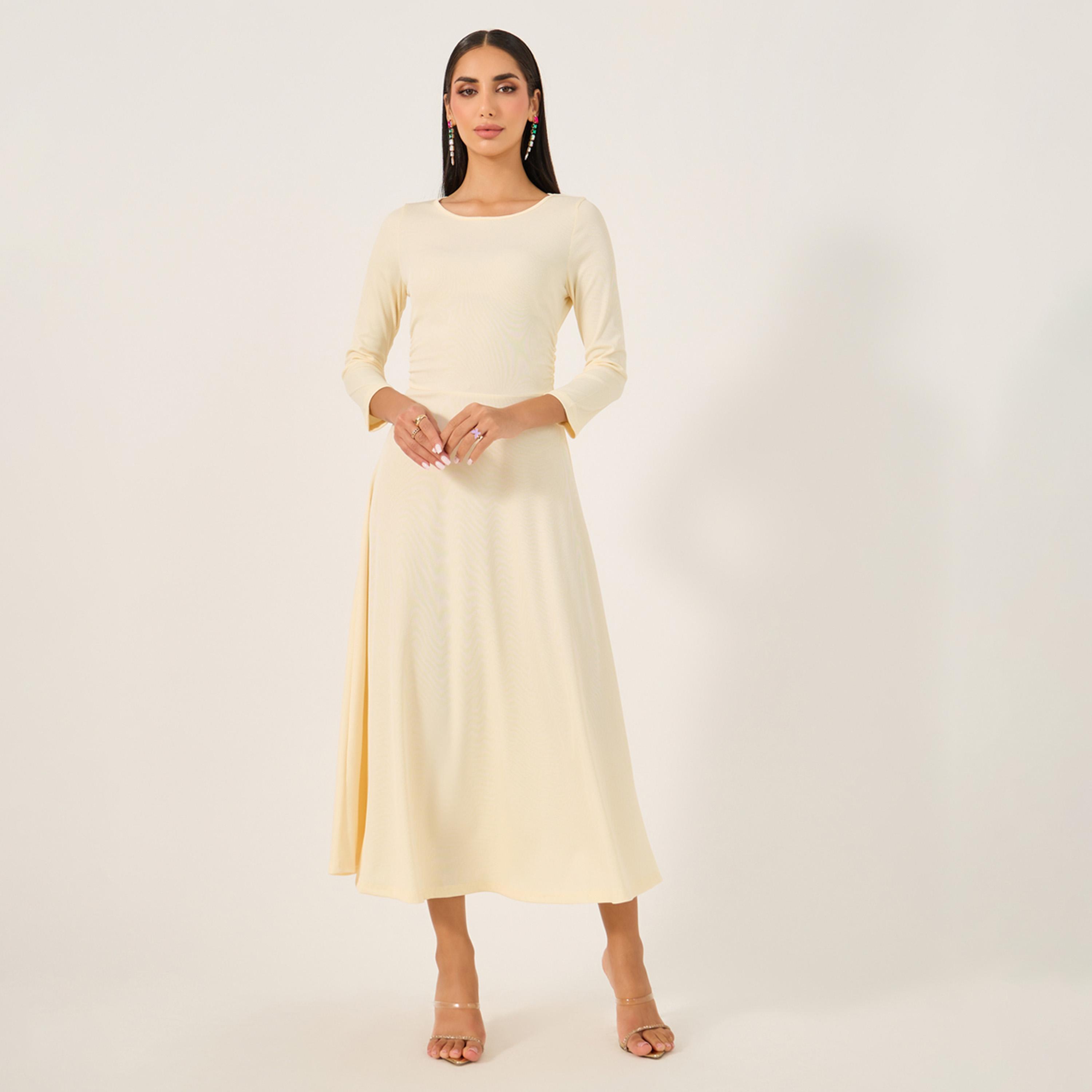 Styli Solid Round Neck A-Line Midi Dress with 3/4th Sleeves-women-clothing-dresses-image-1