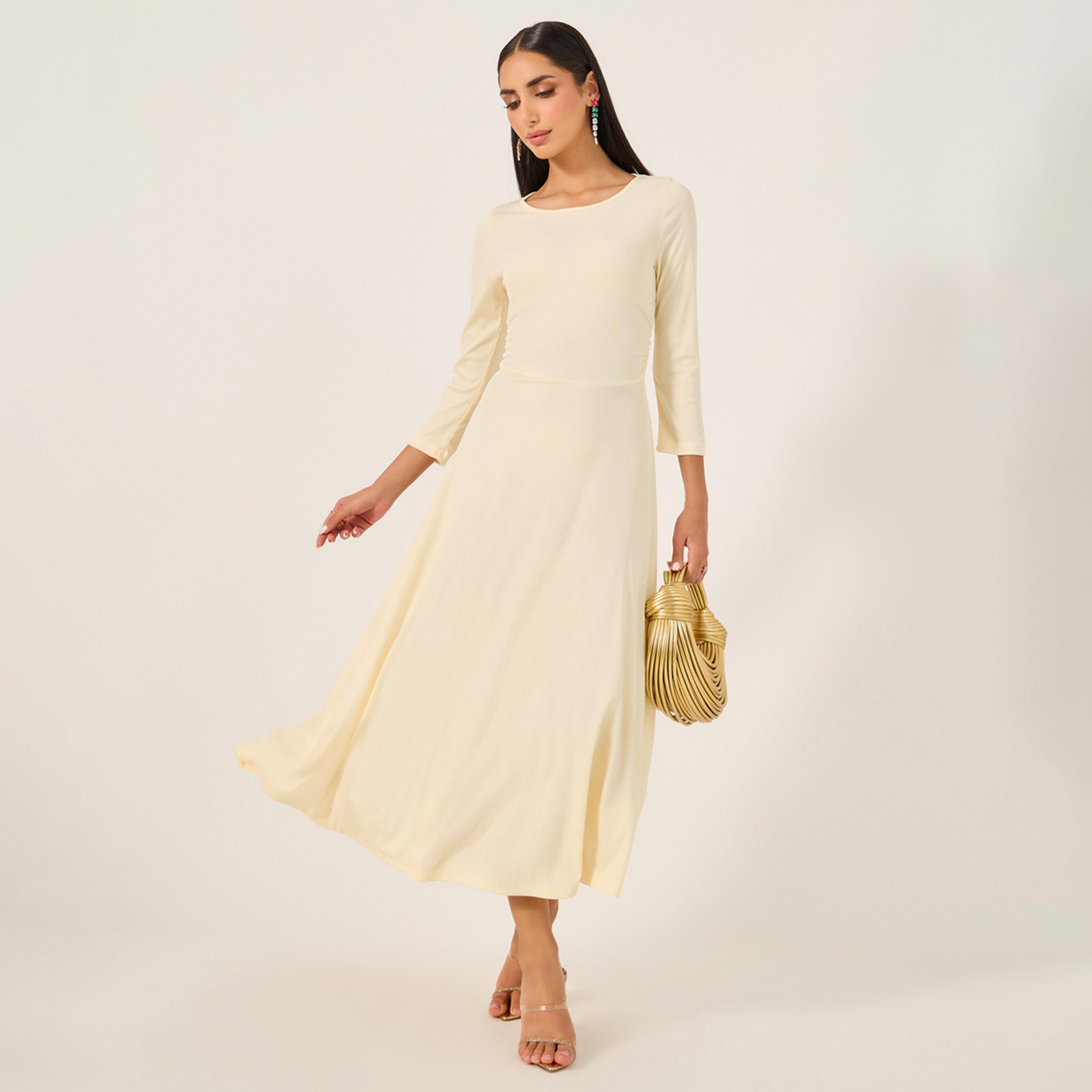 Styli Solid Round Neck A-Line Midi Dress with 3/4th Sleeves-women-clothing-dresses-image-2